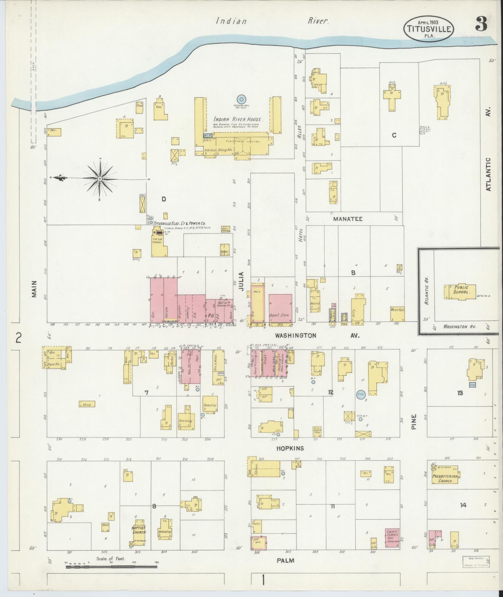 Sanborn Fire Insurance Map from Titusville, Brevard County, Florida (1903), Sheet #0003 - Complete Map Set gallery image, historic Sanborn map, vintage wall art, Florida Florida