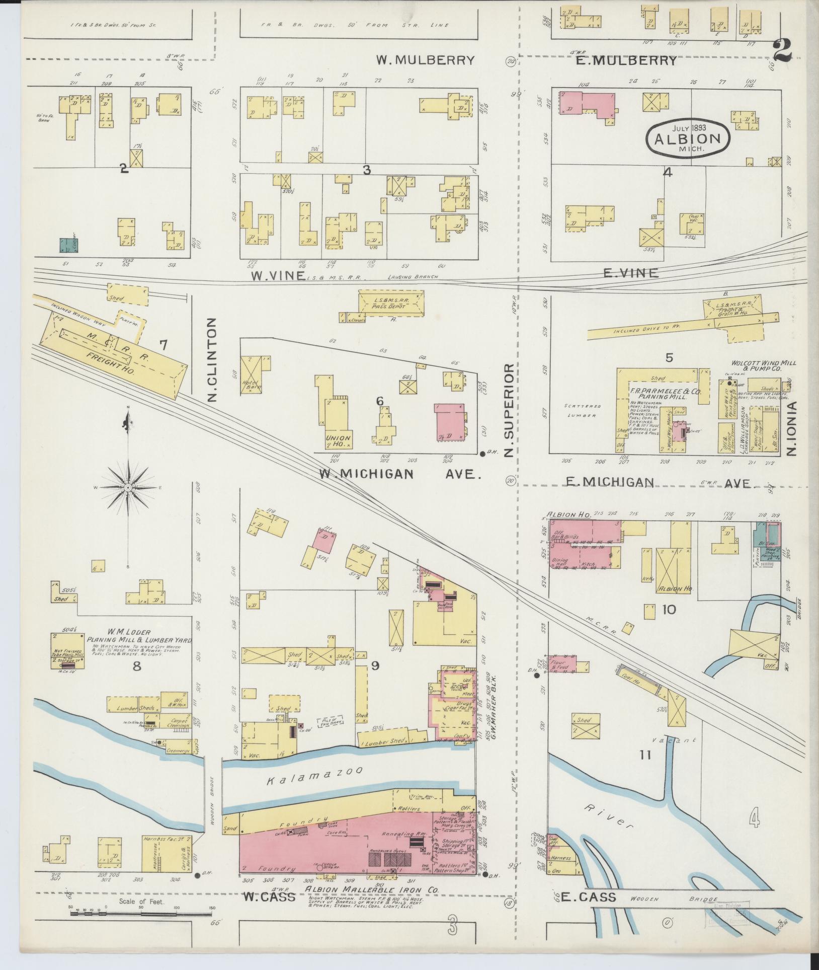 Sanborn Fire Insurance Map from Albion, Calhoun County, Michigan (1893), Sheet #0002 - Historic Sanborn Fire Insurance Map Print, vintage old map wall art, antique decor, genealogy gift, Michigan Michigan map