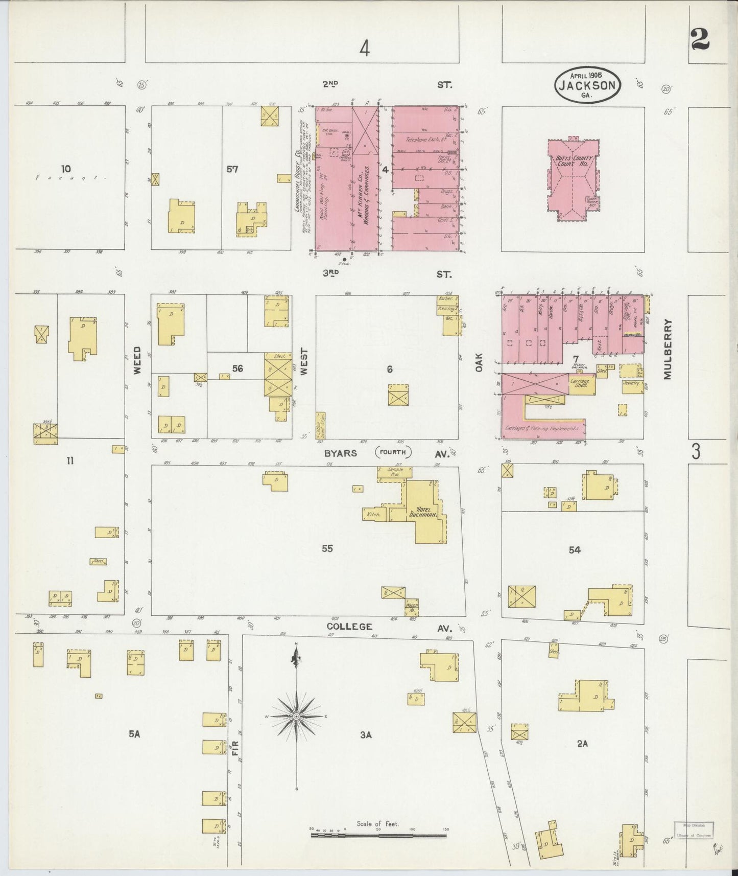 Sanborn Fire Insurance Map from Jackson, Butts County, Georgia (1905), Sheet #0002 - Historic Sanborn Fire Insurance Map Print, vintage old map wall art, antique decor, genealogy gift, Georgia Georgia map
