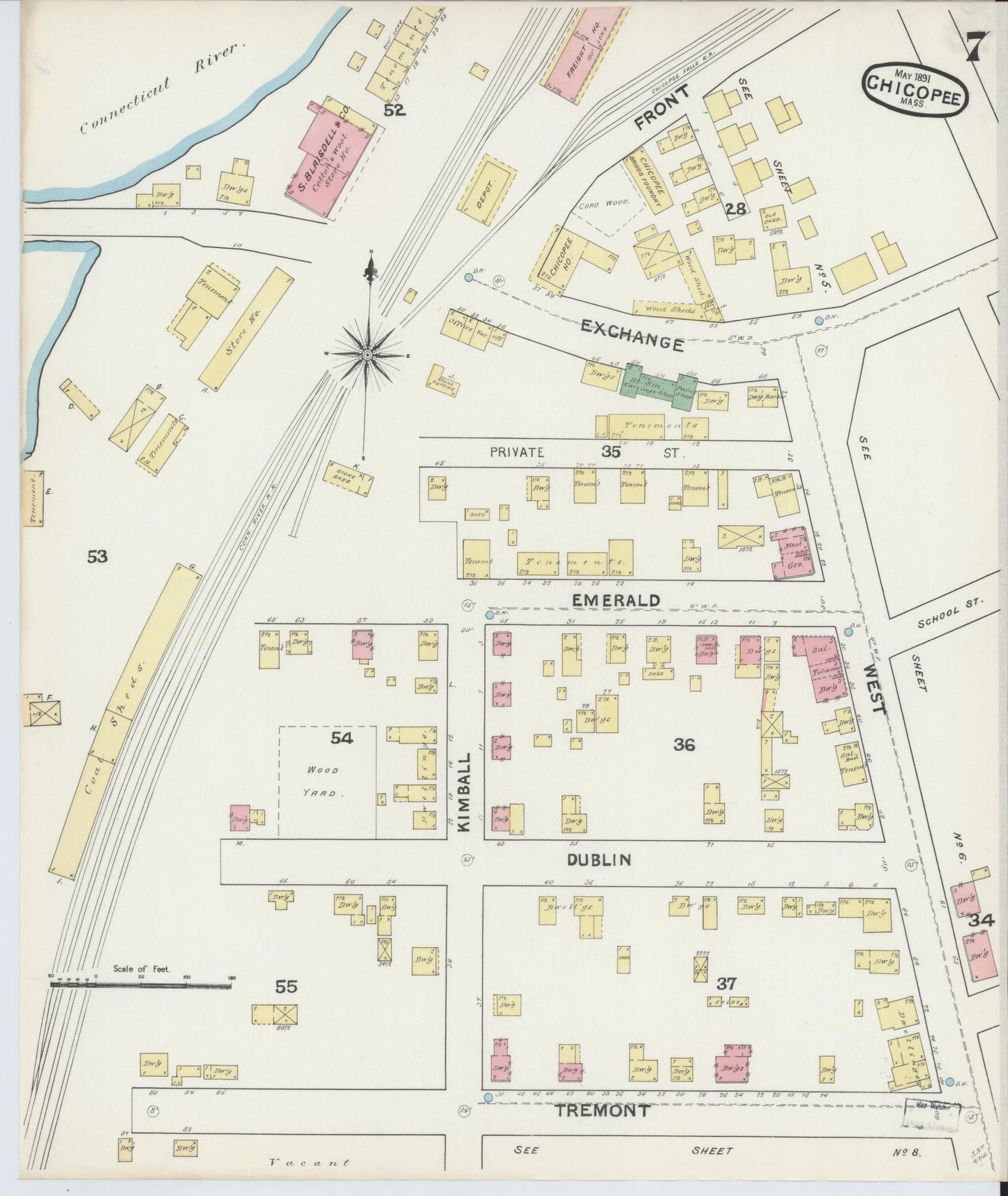 Sanborn Fire Insurance Map from Chicopee, Hampden County, Massachusetts (1891), Sheet #0007 - Complete Map Set gallery image, historic Sanborn map, vintage wall art, Massachusetts Massachusetts