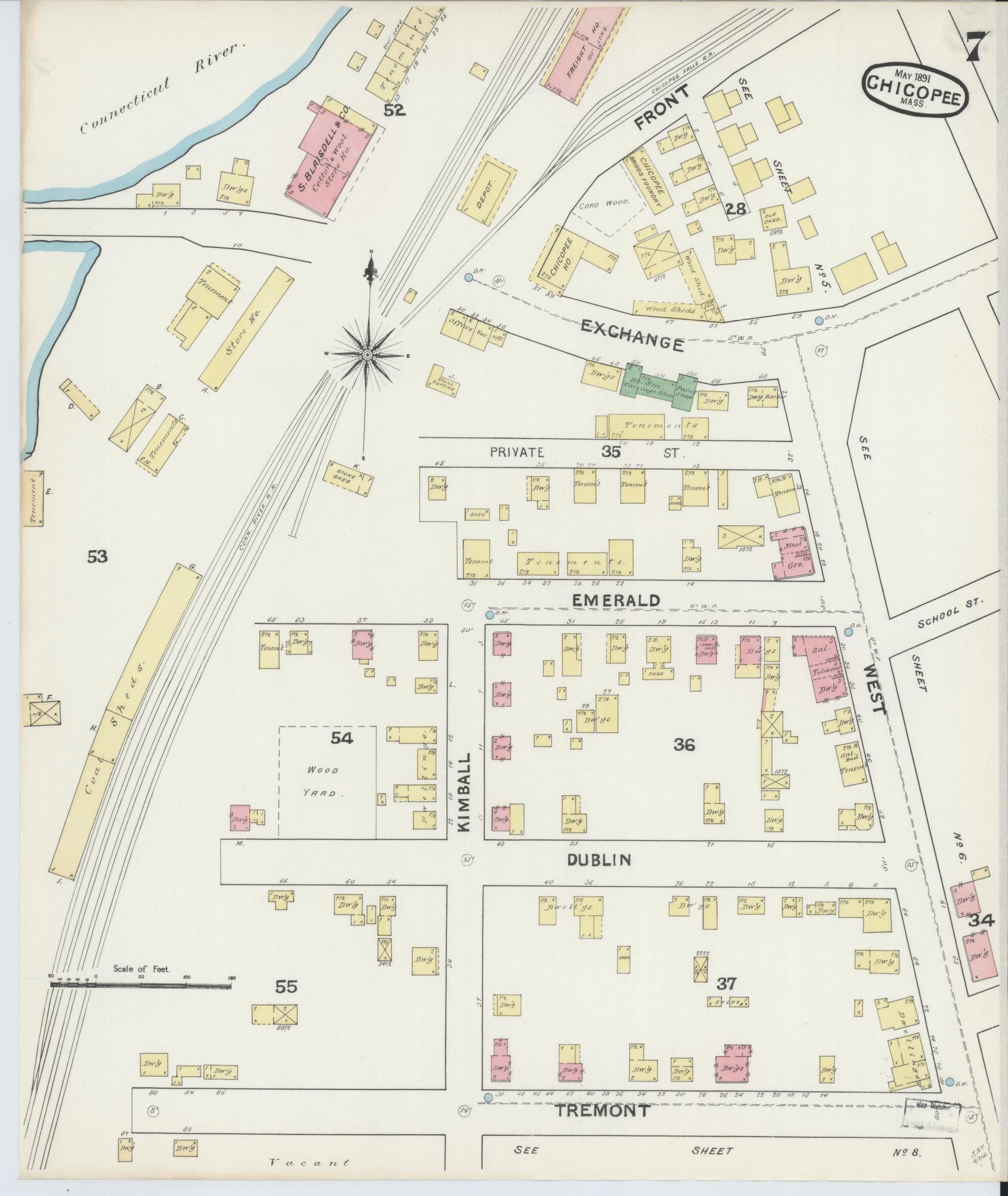Sanborn Fire Insurance Map from Chicopee, Hampden County, Massachusetts (1891), Sheet #0007 - Complete Map Set gallery image, historic Sanborn map, vintage wall art, Massachusetts Massachusetts