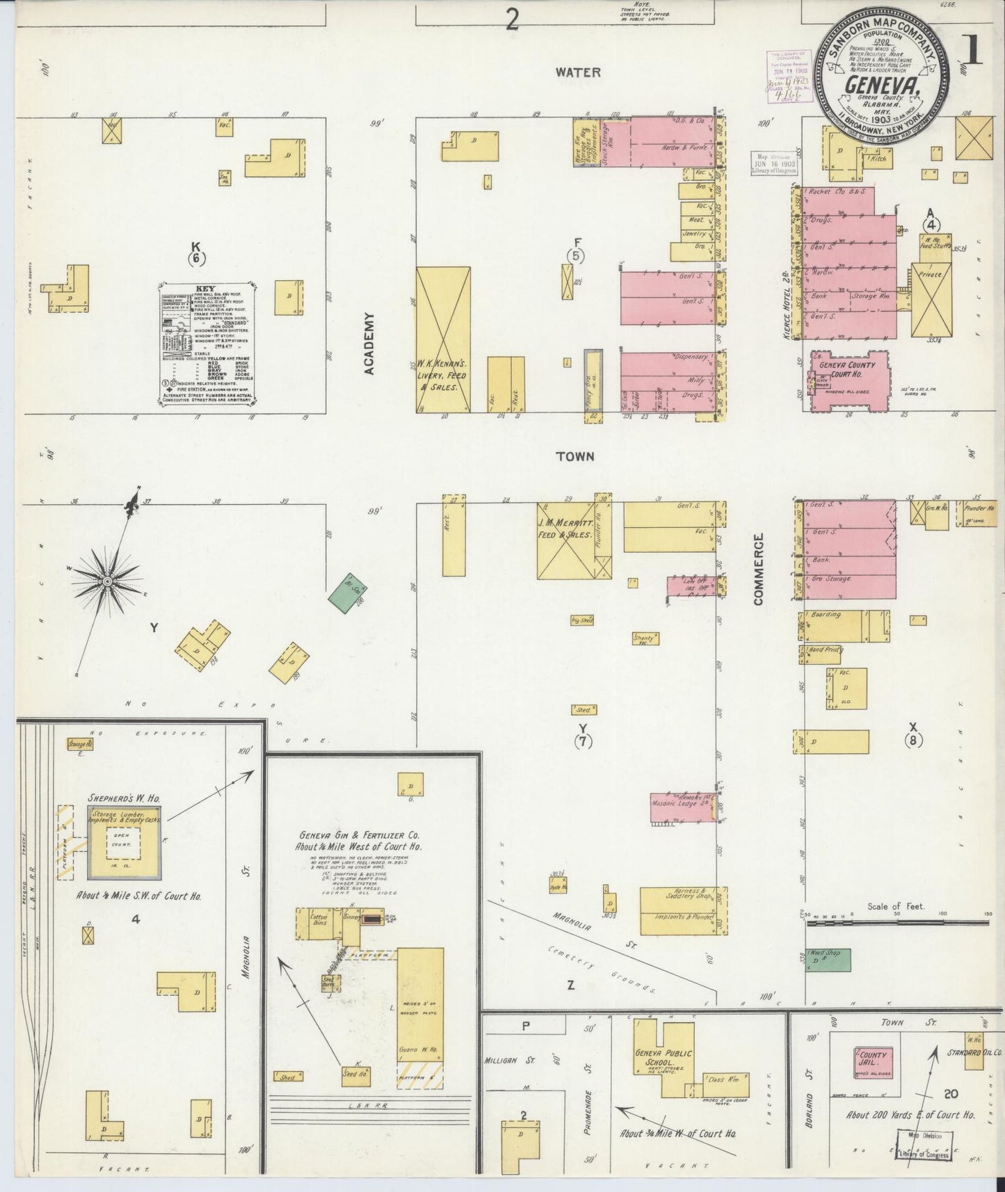 Sanborn Fire Insurance Map from Geneva, Geneva County, Alabama (1903), Sheet #0001 - Historic Sanborn Fire Insurance Map Print, vintage old map wall art, antique decor, genealogy gift, Alabama Alabama map