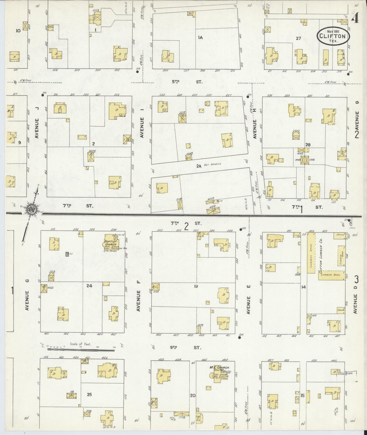 Sanborn Fire Insurance Map from Clifton, Bosque County, Texas (1911), Sheet #0004 - Complete Map Set gallery image, historic Sanborn map, vintage wall art, Texas Texas