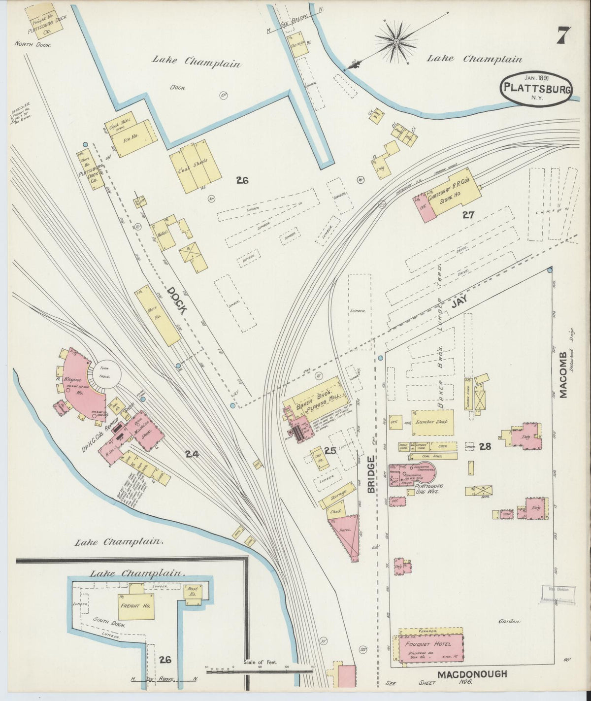 Sanborn Fire Insurance Map from Plattsburg, Clinton County, New York (1891), Sheet #0007 - Complete Map Set gallery image, historic Sanborn map, vintage wall art, New York New York