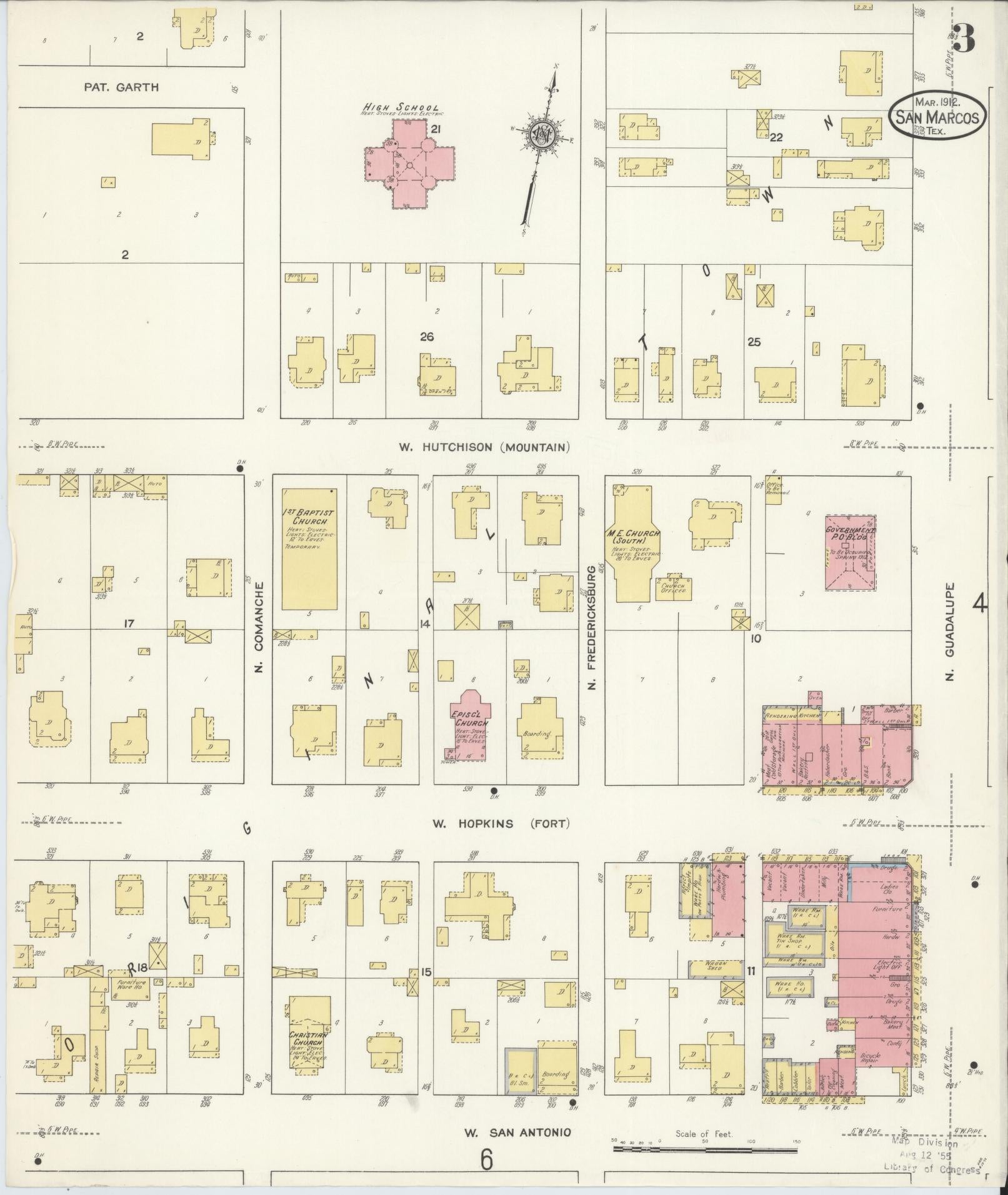 Sanborn Fire Insurance Map from San Marcos, Hays County, Texas (1912), Sheet #0003 - Historic Sanborn Fire Insurance Map Print, vintage old map wall art, antique decor, genealogy gift, Texas Texas map