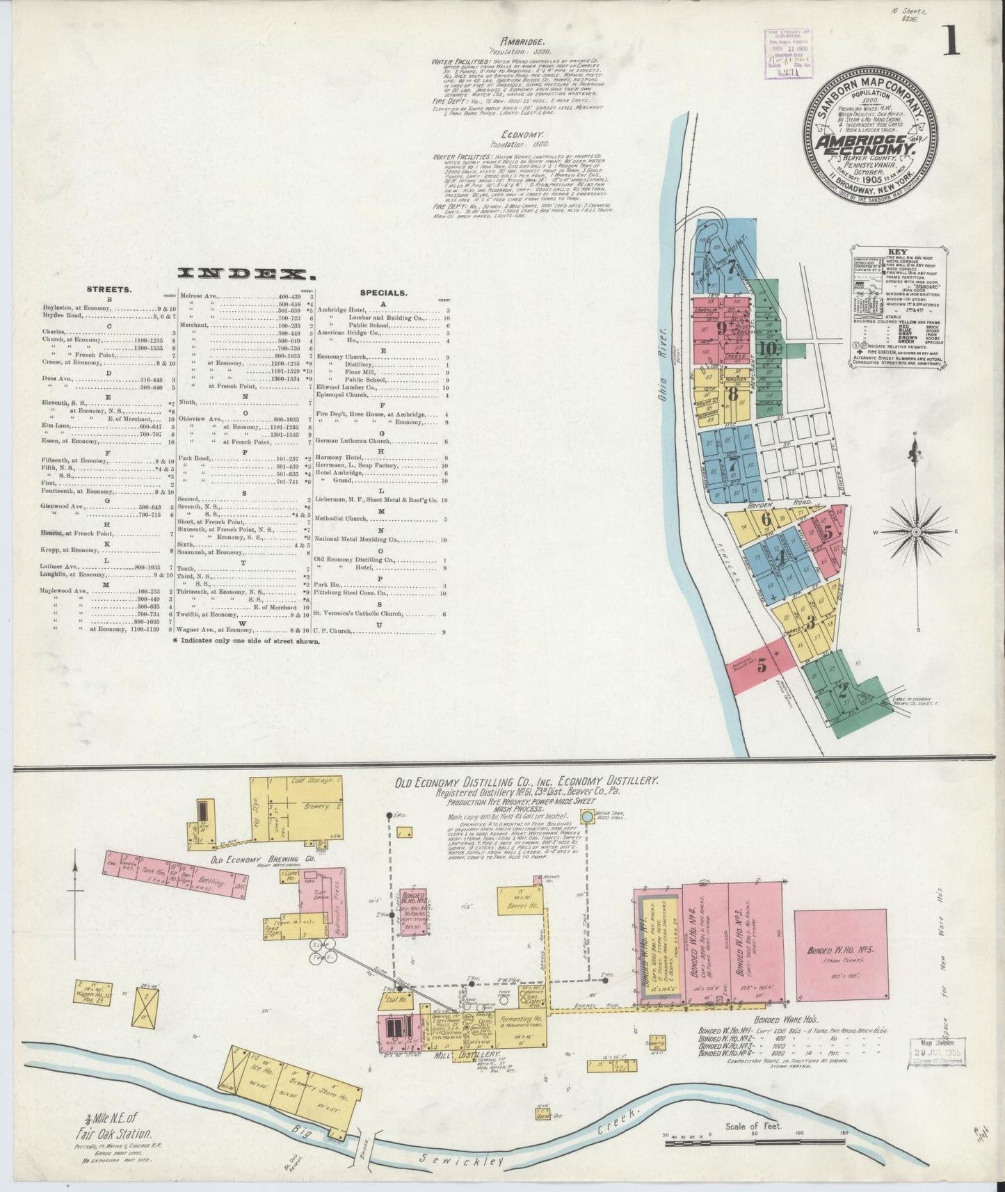 Sanborn Fire Insurance Map from Ambridge, Beaver County, Pennsylvania (1905), Sheet #0001 - Historic Sanborn Fire Insurance Map Print, vintage old map wall art, antique decor, genealogy gift, Pennsylvania Pennsylvania map