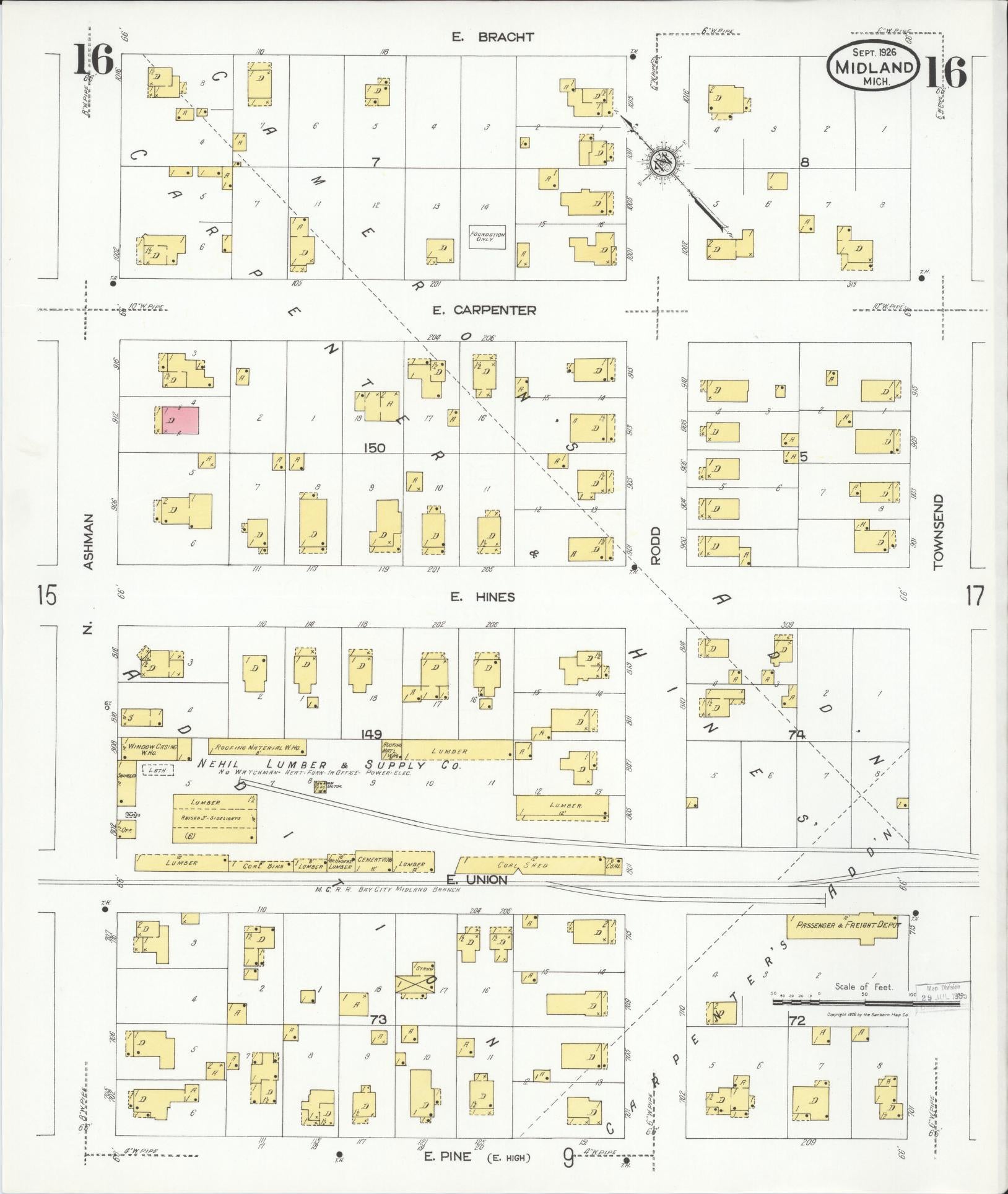 Sanborn Fire Insurance Map from Midland, Midland County, Michigan (1926), Sheet #0016 - Historic Sanborn Fire Insurance Map Print, vintage old map wall art, antique decor, genealogy gift, Michigan Michigan map