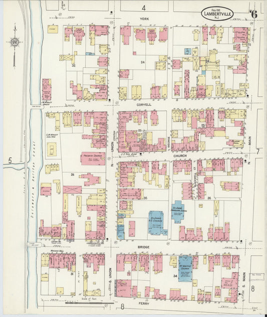 Sanborn Fire Insurance Map from Lambertville, Hunterdon County, New Jersey (1912), Sheet #0006 - Historic Sanborn Fire Insurance Map Print, vintage old map wall art, antique decor, genealogy gift, New Jersey New Jersey map