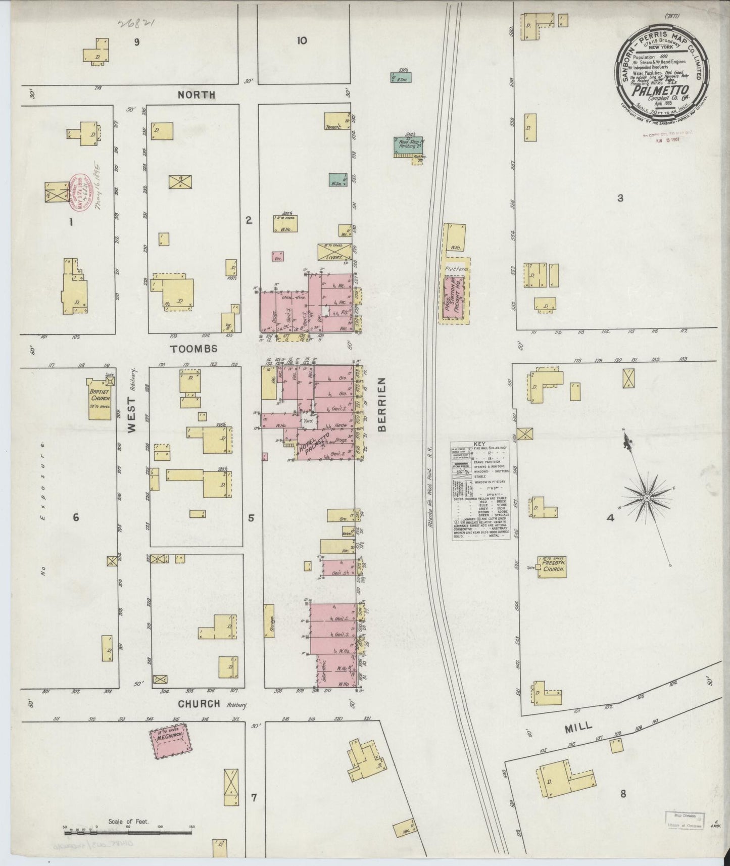 Sanborn Fire Insurance Map from Palmetto, Fulton County, Georgia (1895), Sheet #0001 - Historic Sanborn Fire Insurance Map Print, vintage old map wall art, antique decor, genealogy gift, Georgia Georgia map