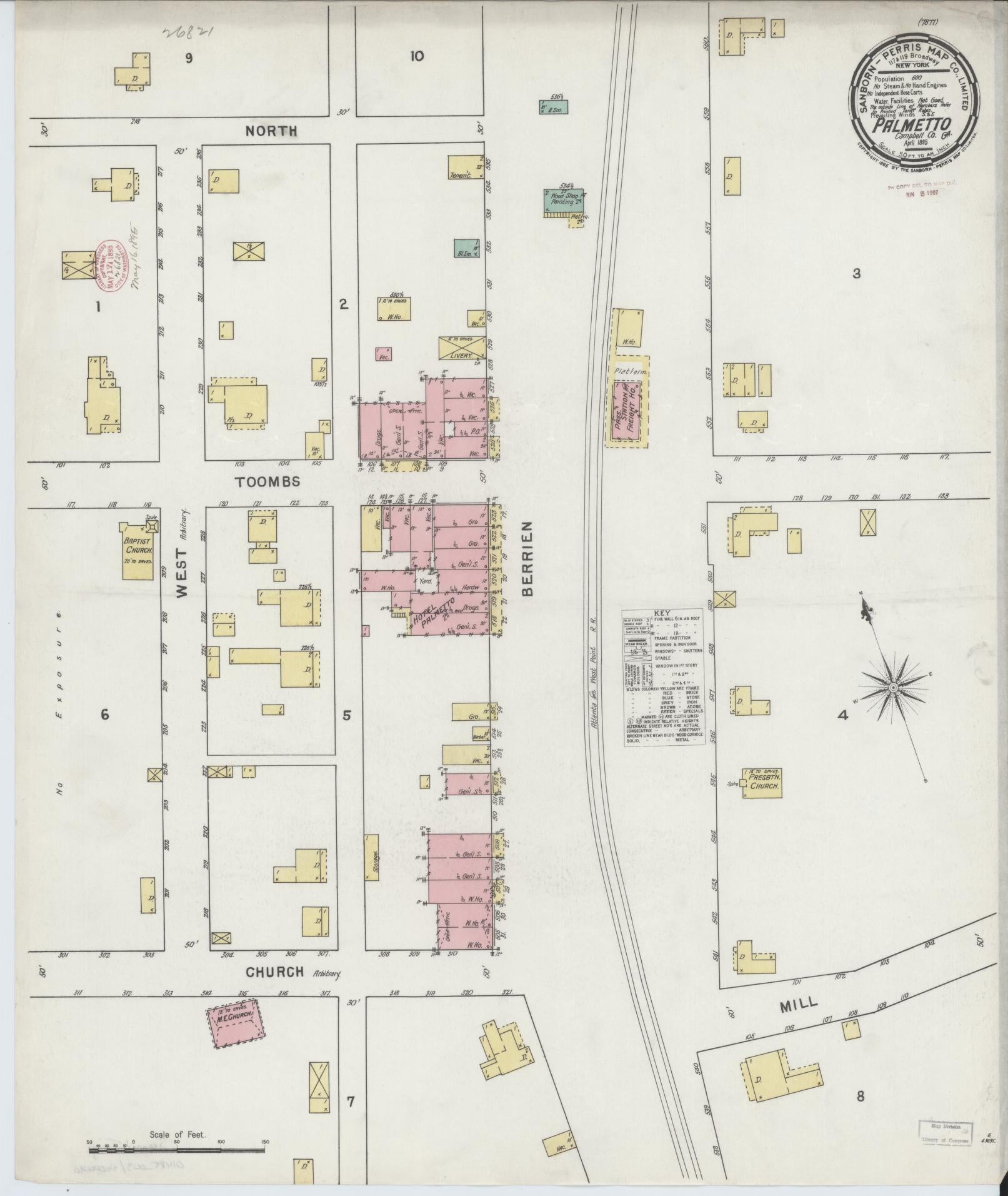 Sanborn Fire Insurance Map from Palmetto, Fulton County, Georgia (1895), Sheet #0001 - Historic Sanborn Fire Insurance Map Print, vintage old map wall art, antique decor, genealogy gift, Georgia Georgia map