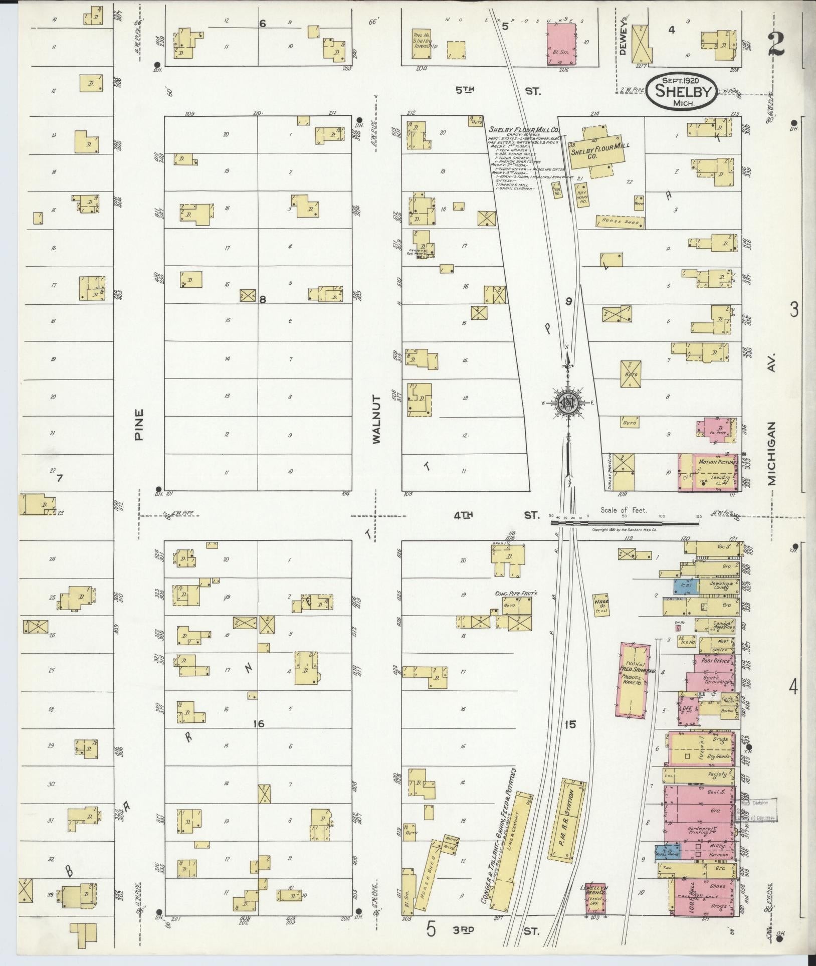 Sanborn Fire Insurance Map from Shelby, Oceana County, Michigan (1920), Sheet #0002 - Historic Sanborn Fire Insurance Map Print, vintage old map wall art, antique decor, genealogy gift, Michigan Michigan map