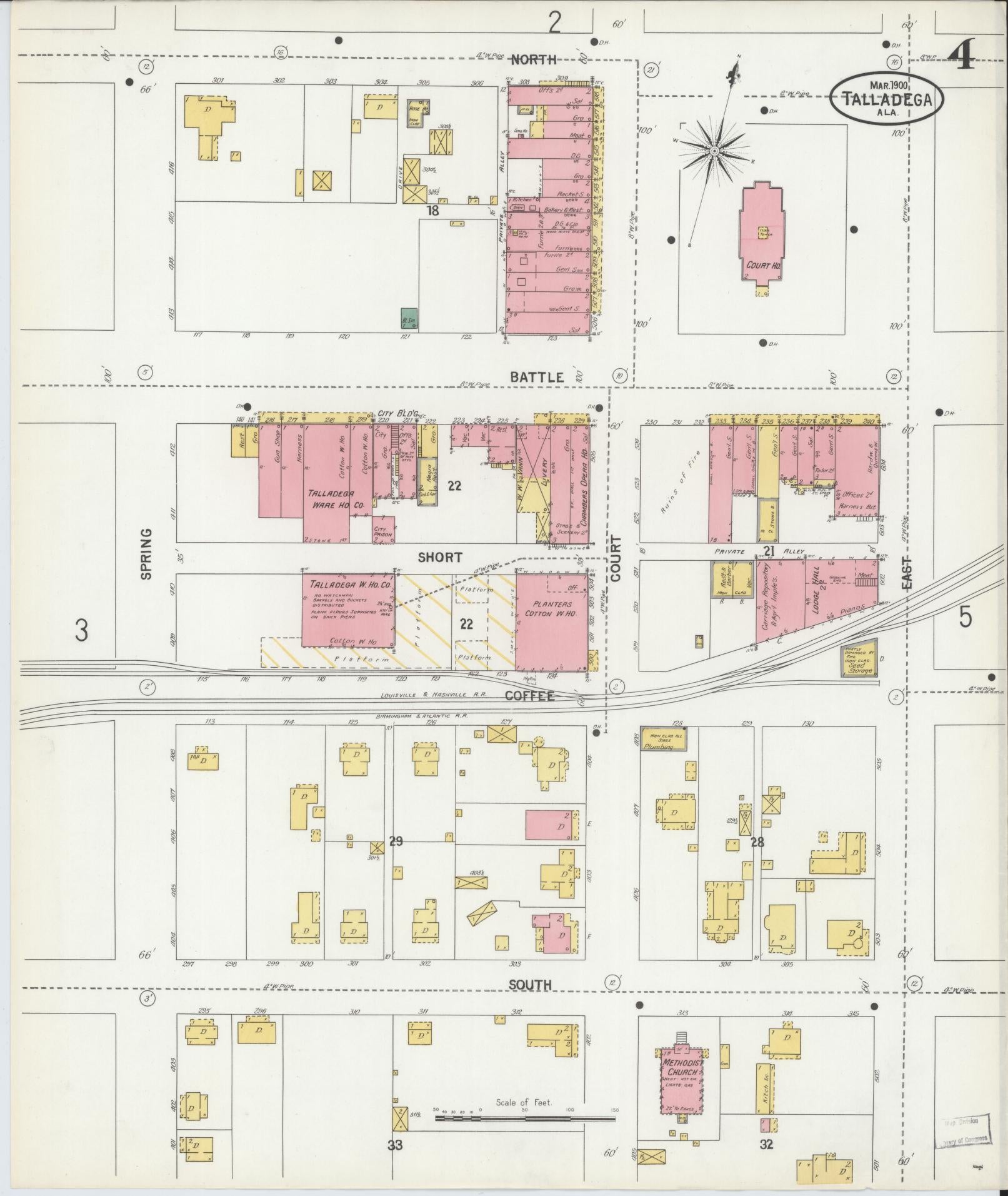 Sanborn Fire Insurance Map from Talladega, Talladega County, Alabama (1900), Sheet #0004 - Historic Sanborn Fire Insurance Map Print, vintage old map wall art, antique decor, genealogy gift, Alabama Alabama map