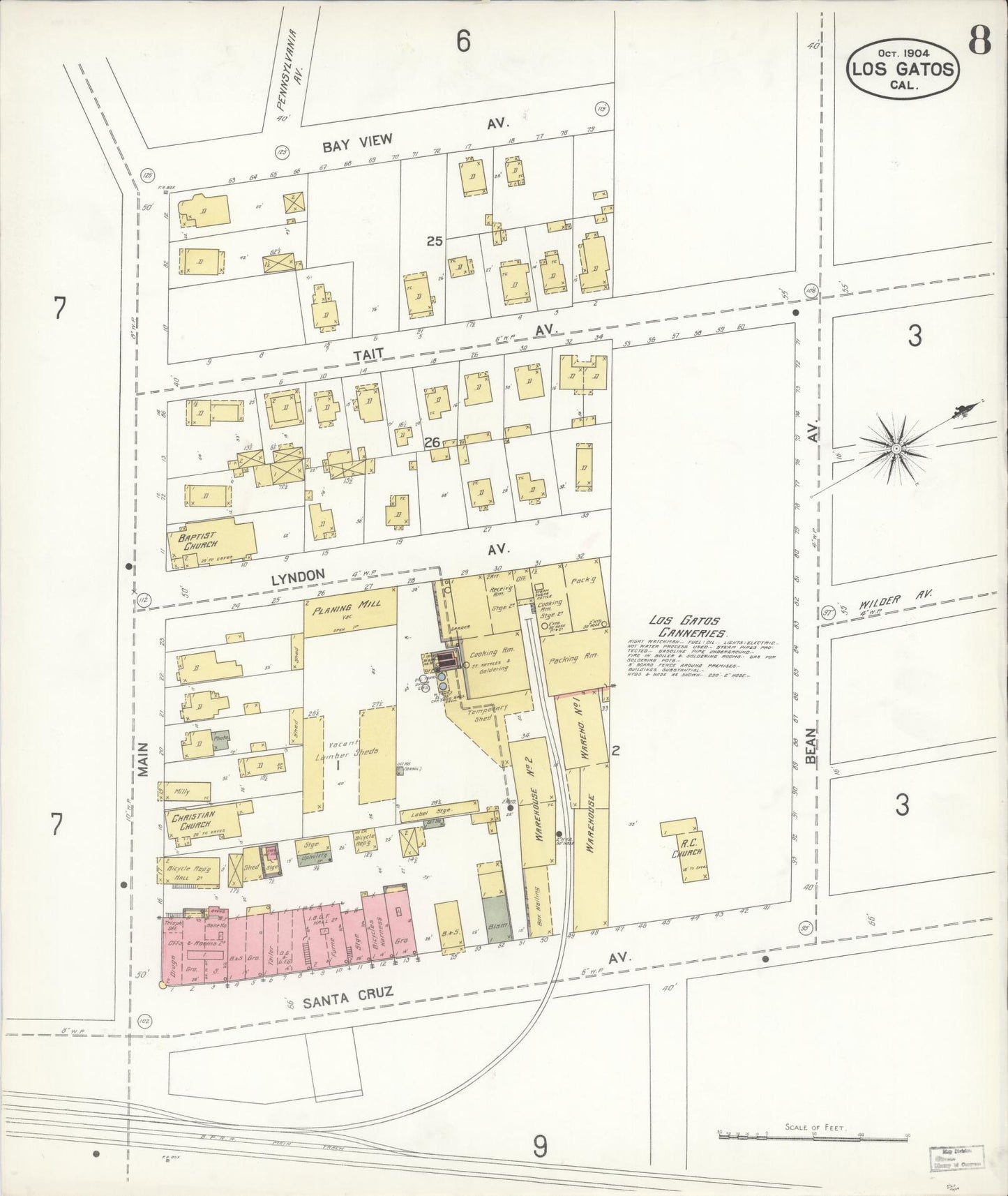 Sanborn Fire Insurance Map from Los Gatos, Santa Clara County, California (1904), Sheet #0008 - Historic Sanborn Fire Insurance Map Print, vintage old map wall art, antique decor, genealogy gift, California California map