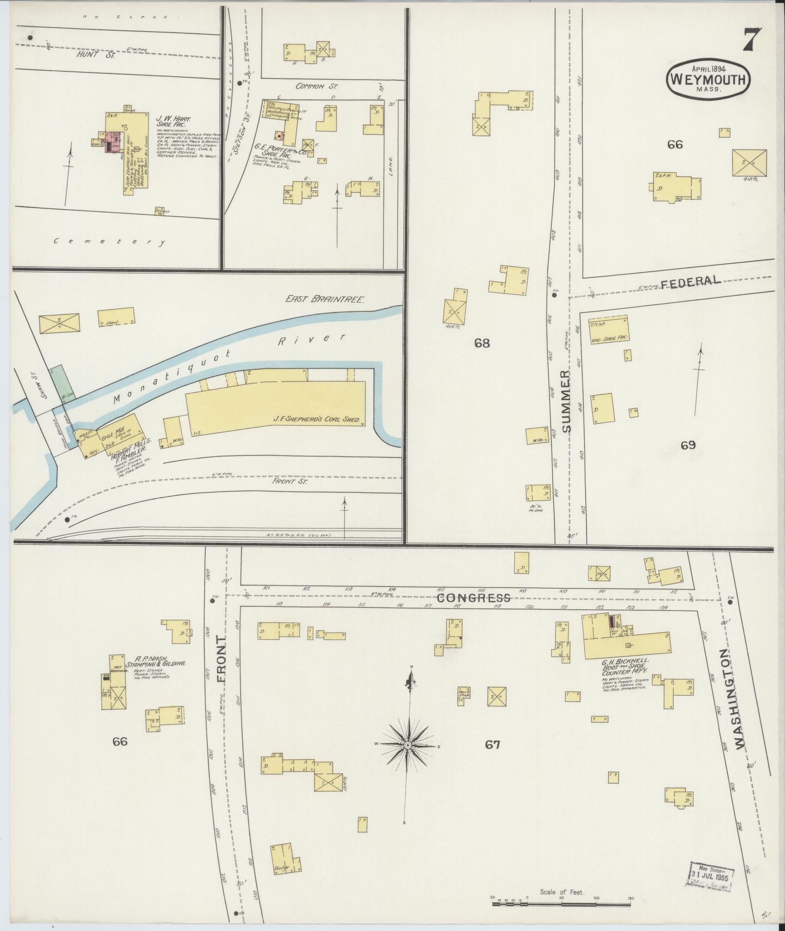 Sanborn Fire Insurance Map from Weymouth, Norfolk County, Massachusetts (1894), Sheet #0007 - Historic Sanborn Fire Insurance Map Print, vintage old map wall art, antique decor, genealogy gift, Massachusetts Massachusetts map