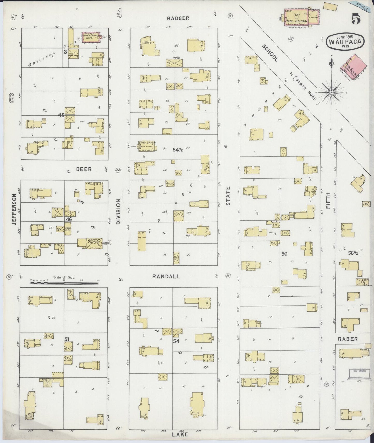 Sanborn Fire Insurance Map from Waupaca, Waupaca County, Wisconsin (1895), Sheet #0005 - Historic Sanborn Fire Insurance Map Print, vintage old map wall art, antique decor, genealogy gift, Wisconsin Wisconsin map