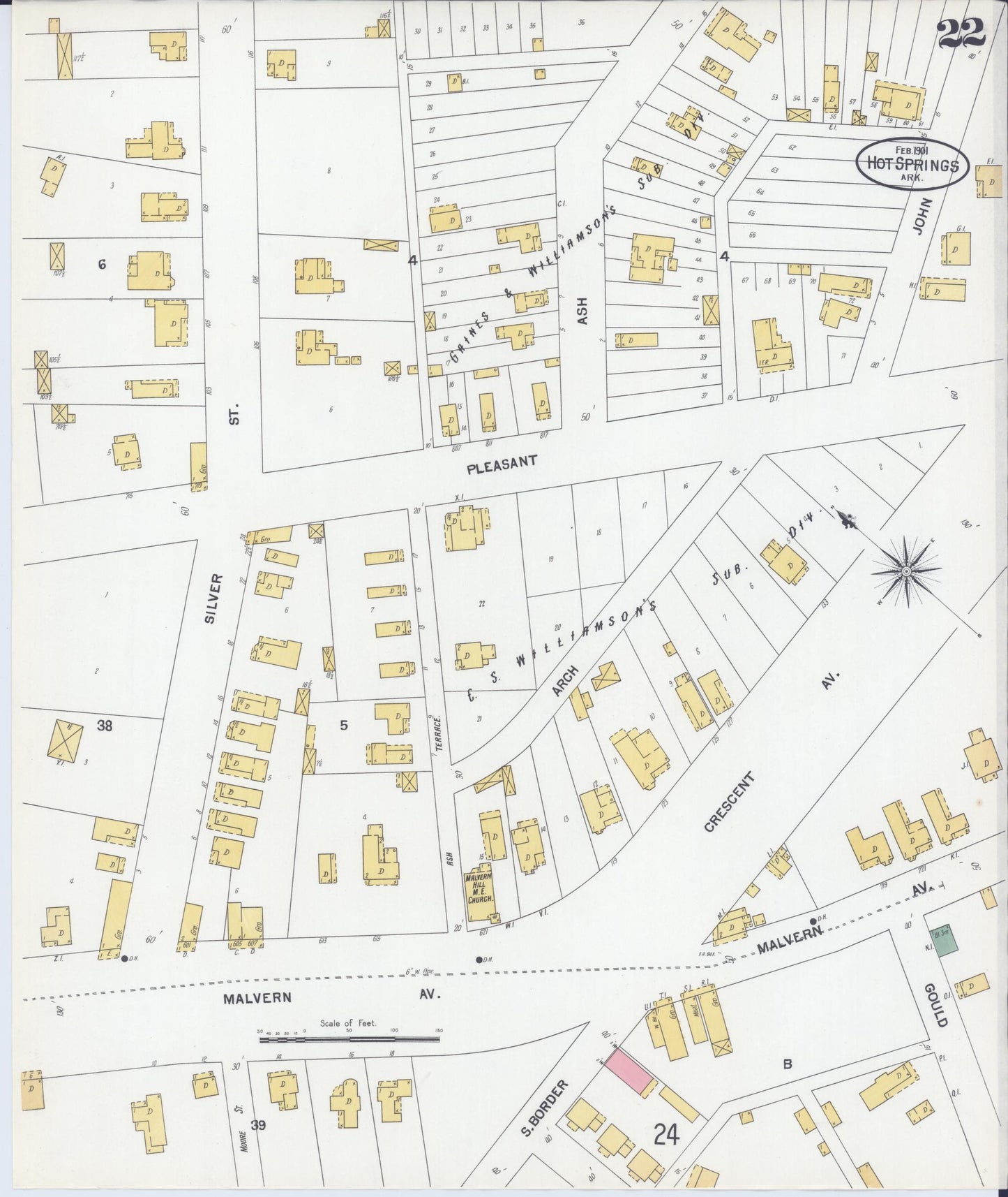 Sanborn Fire Insurance Map from Hot Springs, Garland County, Arkansas (1901), Sheet #0022 - Historic Sanborn Fire Insurance Map Print, vintage old map wall art, antique decor, genealogy gift, Arkansas Arkansas map