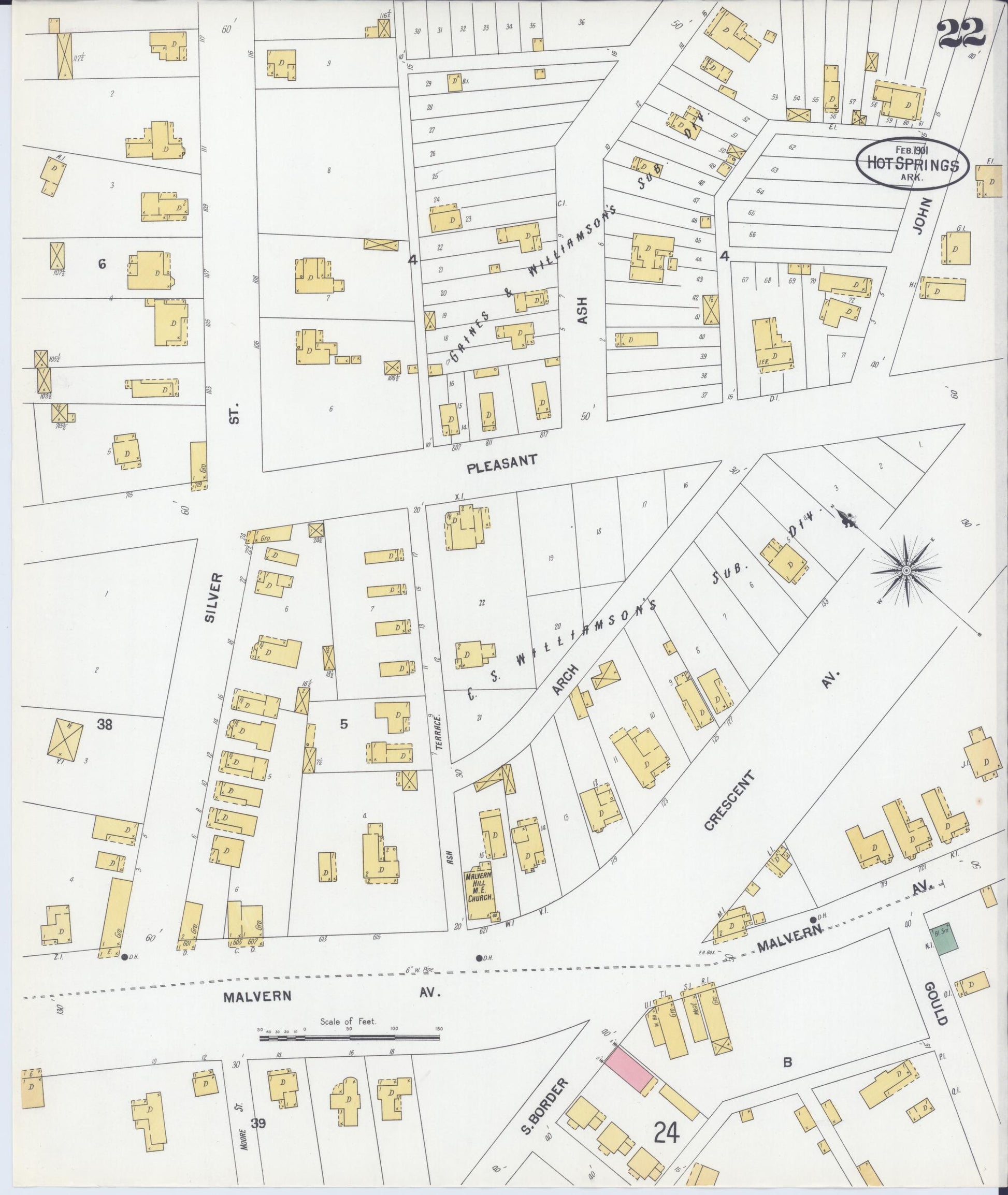 Sanborn Fire Insurance Map from Hot Springs, Garland County, Arkansas (1901), Sheet #0022 - Historic Sanborn Fire Insurance Map Print, vintage old map wall art, antique decor, genealogy gift, Arkansas Arkansas map