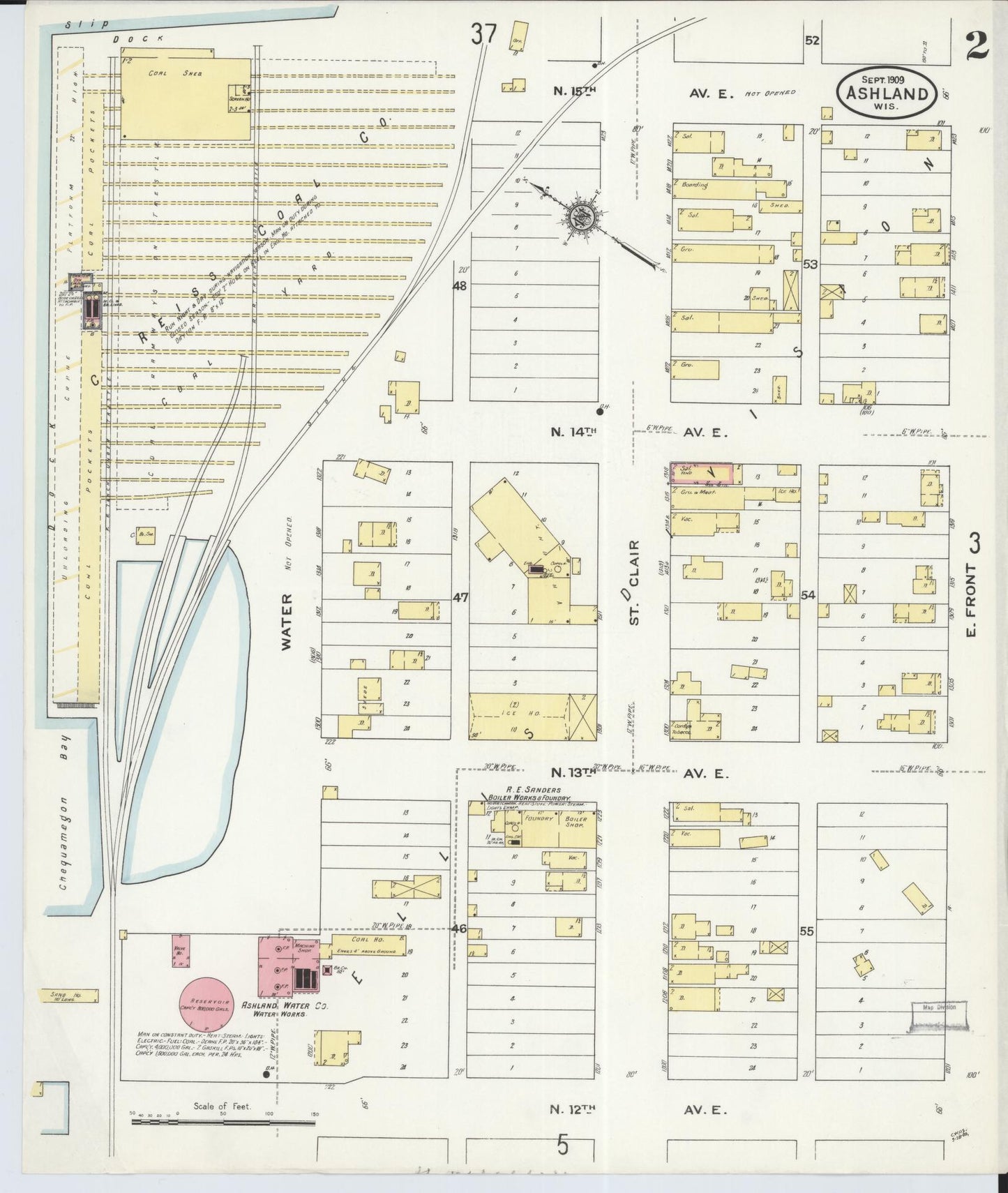 Sanborn Fire Insurance Map from Ashland, Ashland County, Wisconsin (1909), Sheet #0002 - Historic Sanborn Fire Insurance Map Print, vintage old map wall art, antique decor, genealogy gift, Wisconsin Wisconsin map
