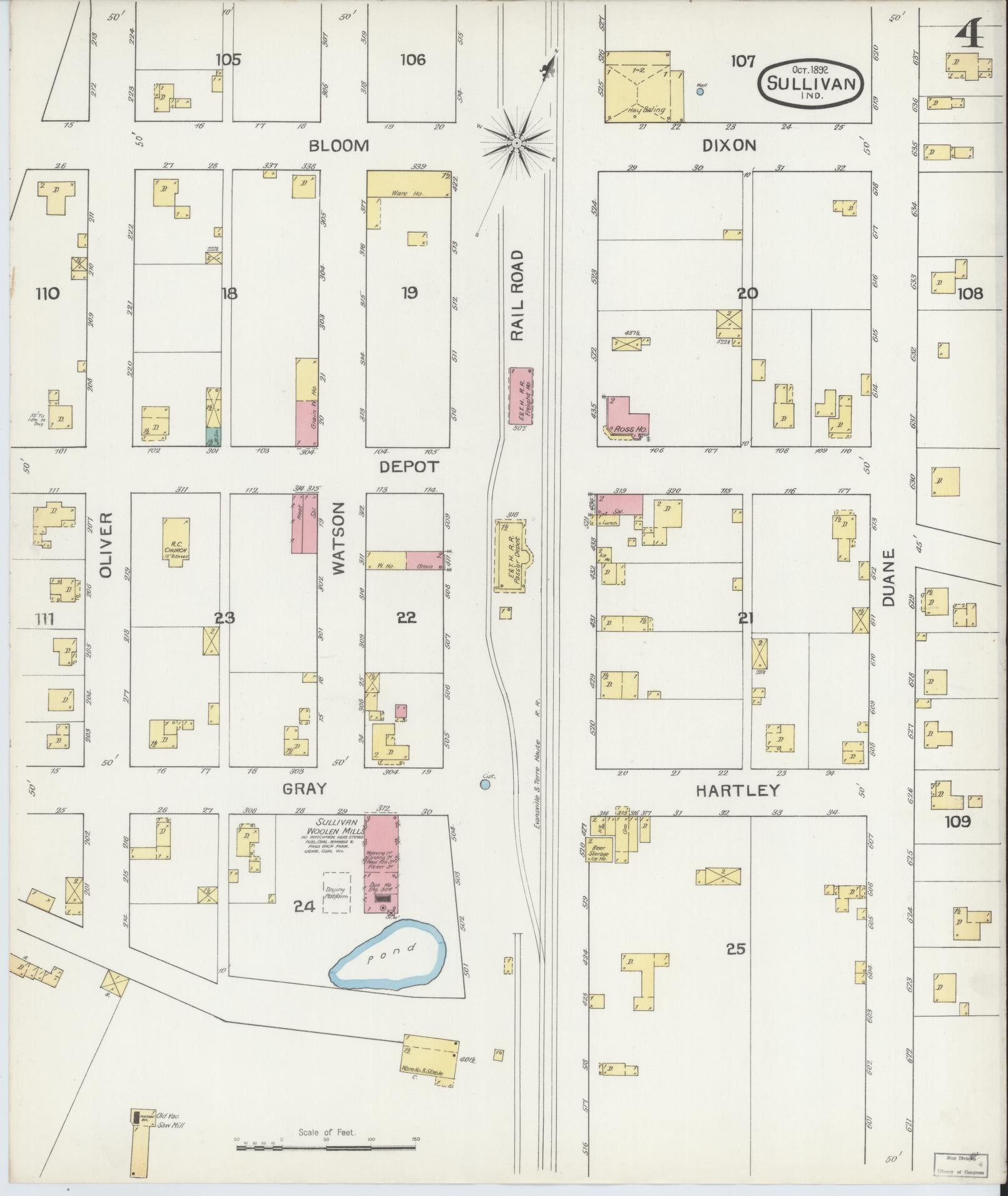 Sanborn Fire Insurance Map from Sullivan, Sullivan County, Indiana (1892), Sheet #0004 - Historic Sanborn Fire Insurance Map Print, vintage old map wall art, antique decor, genealogy gift, Indiana Indiana map