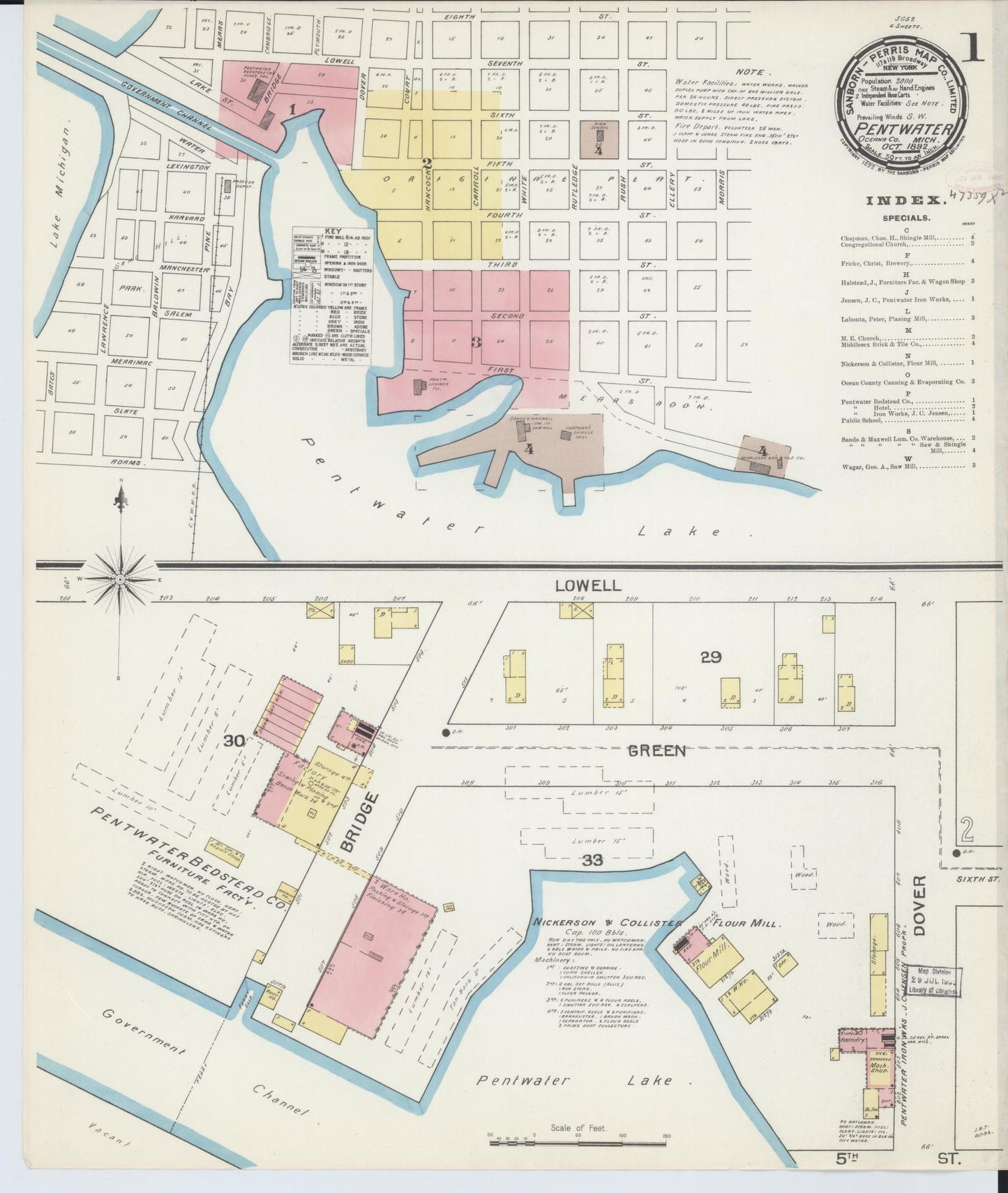 Sanborn Fire Insurance Map from Pentwater, Oceana County, Michigan (1892), Sheet #0001 - Complete Map Set gallery image, historic Sanborn map, vintage wall art, Michigan Michigan