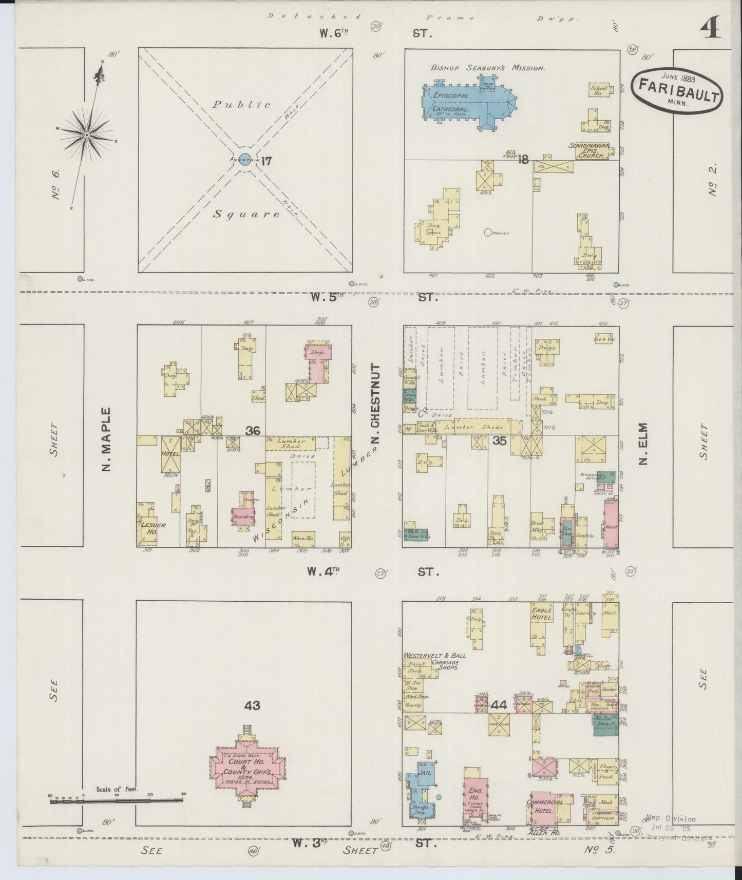 Sanborn Fire Insurance Map from Faribault, Rice County, Minnesota (1889), Sheet #0004 - Historic Sanborn Fire Insurance Map Print, vintage old map wall art, antique decor, genealogy gift, Minnesota Minnesota map