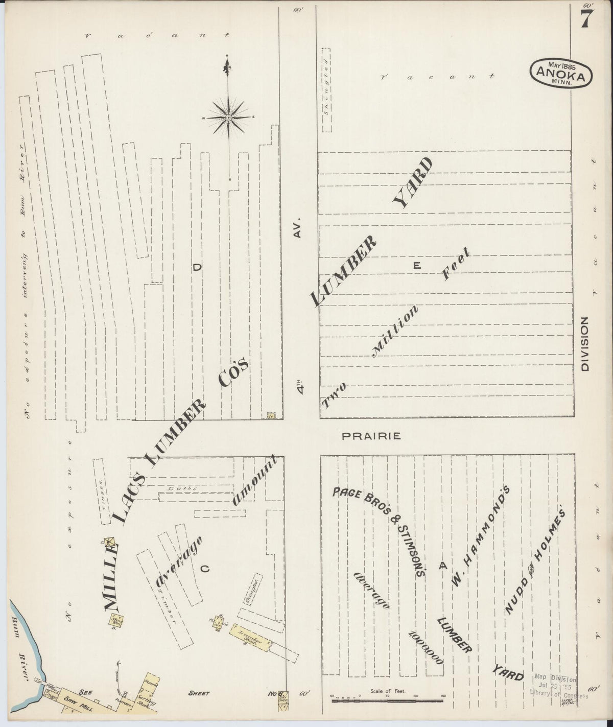 Sanborn Fire Insurance Map from Anoka, Anoka County, Minnesota (1885), Sheet #0007 - Historic Sanborn Fire Insurance Map Print, vintage old map wall art, antique decor, genealogy gift, Minnesota Minnesota map