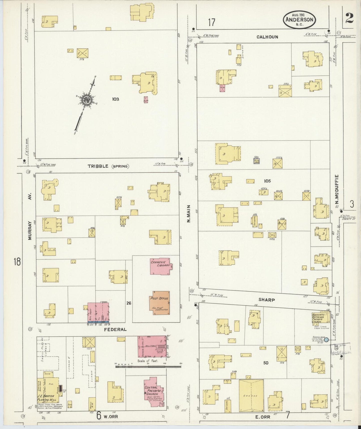 Sanborn Fire Insurance Map from Anderson, Anderson County, South Carolina (1911), Sheet #0002 - Historic Sanborn Fire Insurance Map Print, vintage old map wall art, antique decor, genealogy gift, South Carolina South Carolina map