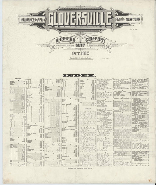Sanborn Fire Insurance Map from Gloversville, Fulton County, New York (1912), Sheet #0001 - Historic Sanborn Fire Insurance Map Print, vintage old map wall art, antique decor, genealogy gift, New York New York map