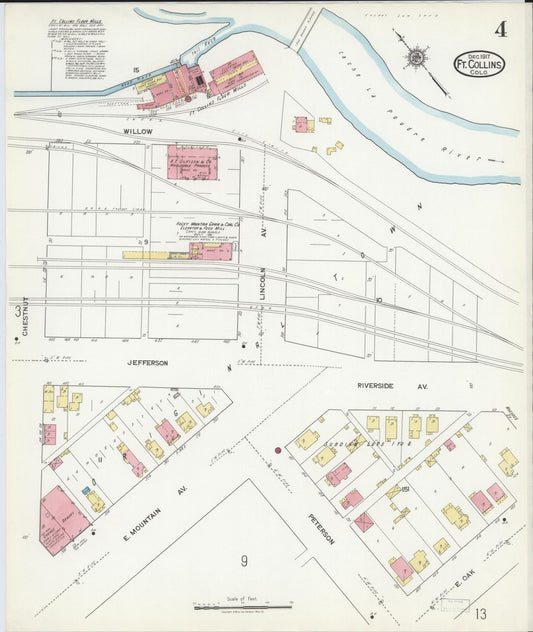 Sanborn Fire Insurance Map from Fort Collins, Larimer County, Colorado (1917), Sheet #0004 - Historic Sanborn Fire Insurance Map Print, vintage old map wall art, antique decor, genealogy gift, Colorado Colorado map