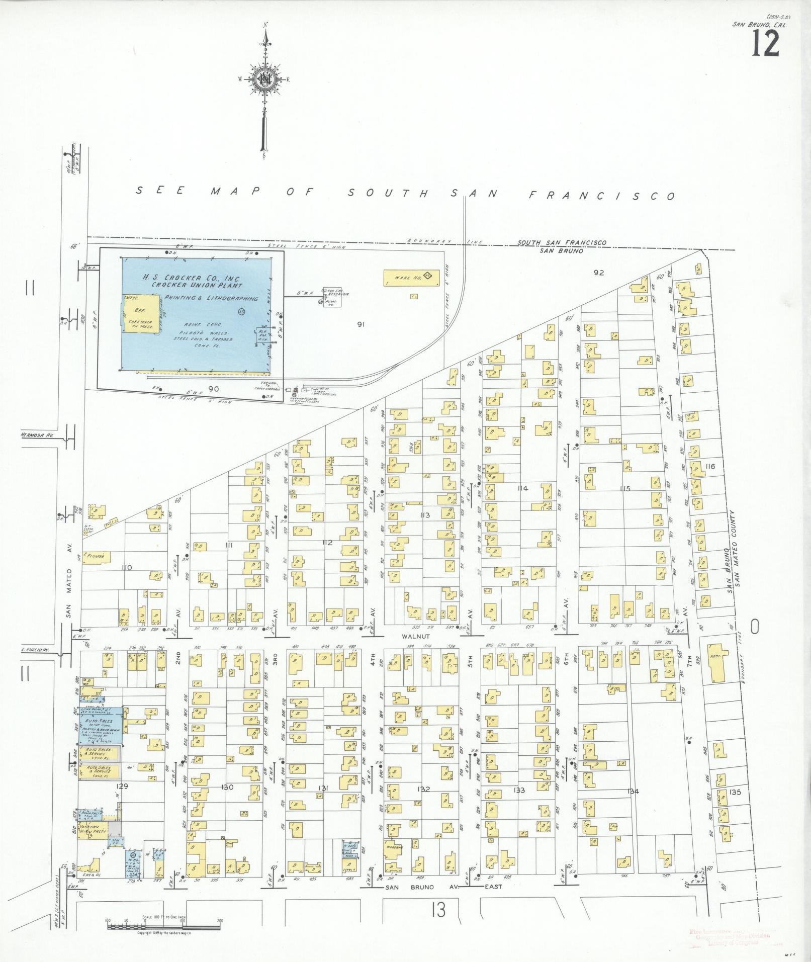 Sanborn Fire Insurance Map from San Bruno, San Mateo County, California (1949), Sheet #0012 - Complete Map Set gallery image, historic Sanborn map, vintage wall art, California California