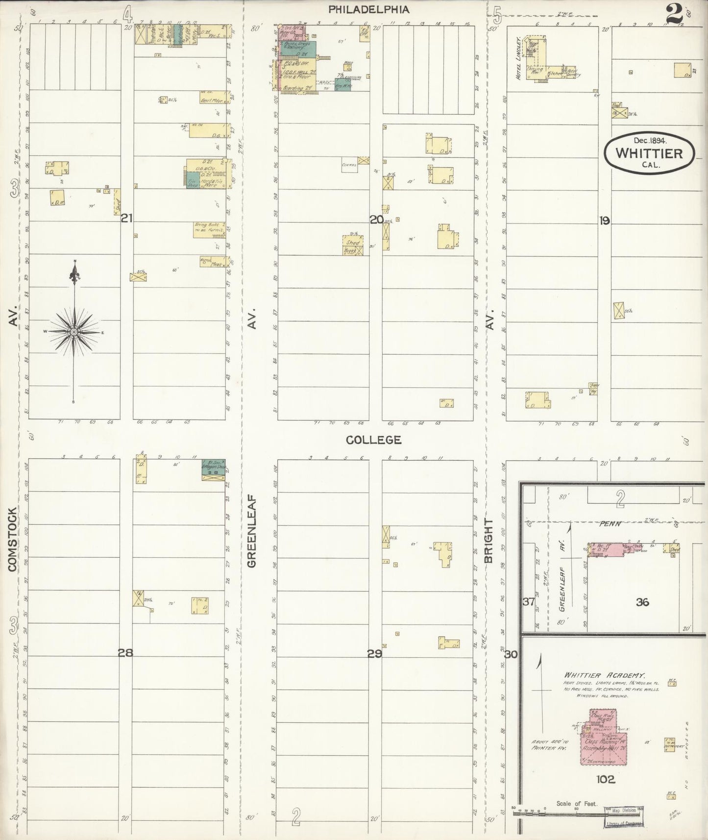 Sanborn Fire Insurance Map from Whittier, Los Angeles County, California (1894), Sheet #0002 - Complete Map Set gallery image, historic Sanborn map, vintage wall art, California California