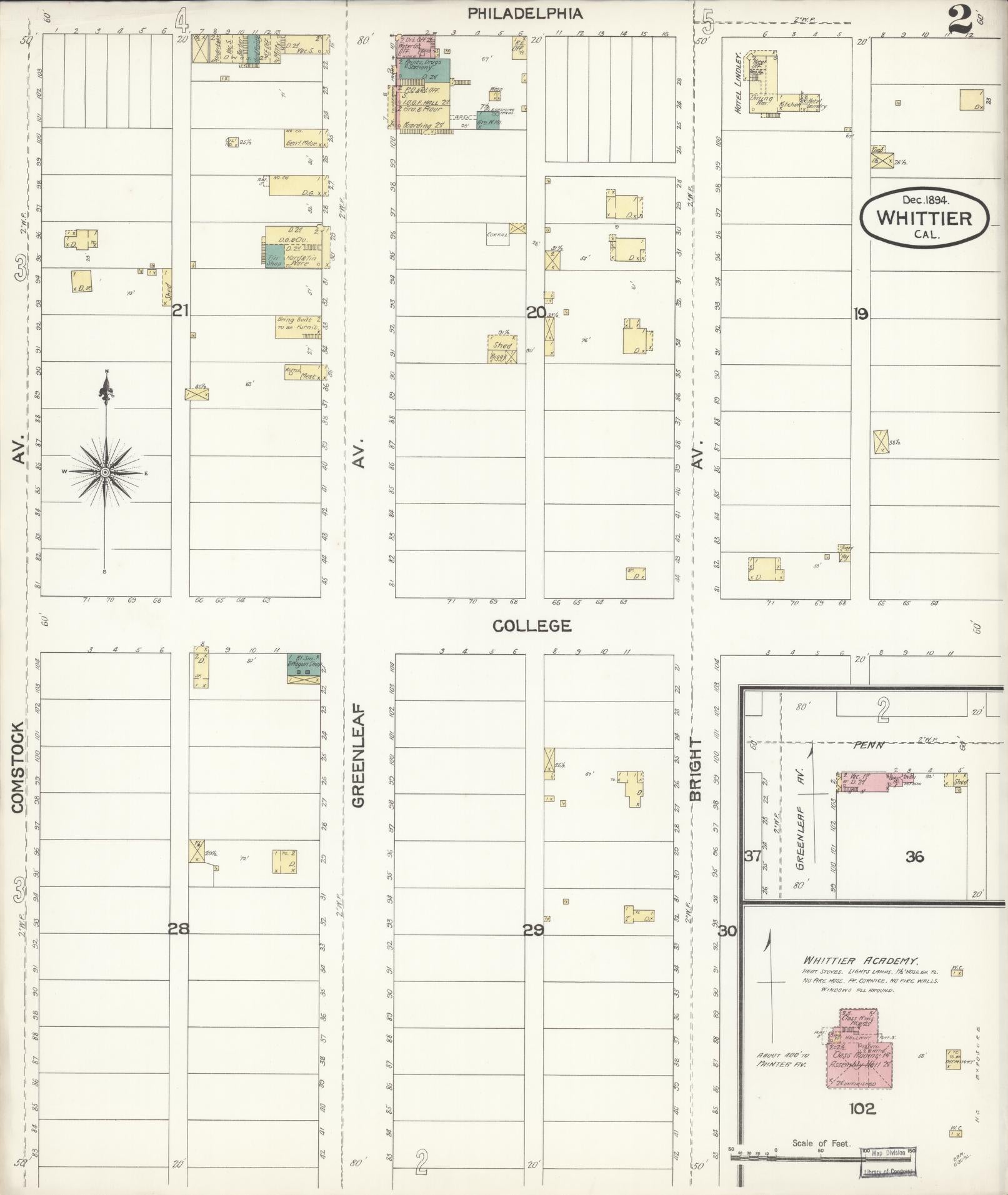 Sanborn Fire Insurance Map from Whittier, Los Angeles County, California (1894), Sheet #0002 - Complete Map Set gallery image, historic Sanborn map, vintage wall art, California California