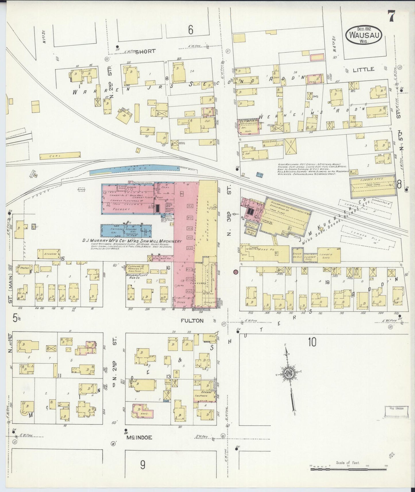 Sanborn Fire Insurance Map from Wausau, Marathon County, Wisconsin (1912), Sheet #0007 - Historic Sanborn Fire Insurance Map Print, vintage old map wall art, antique decor, genealogy gift, Wisconsin Wisconsin map
