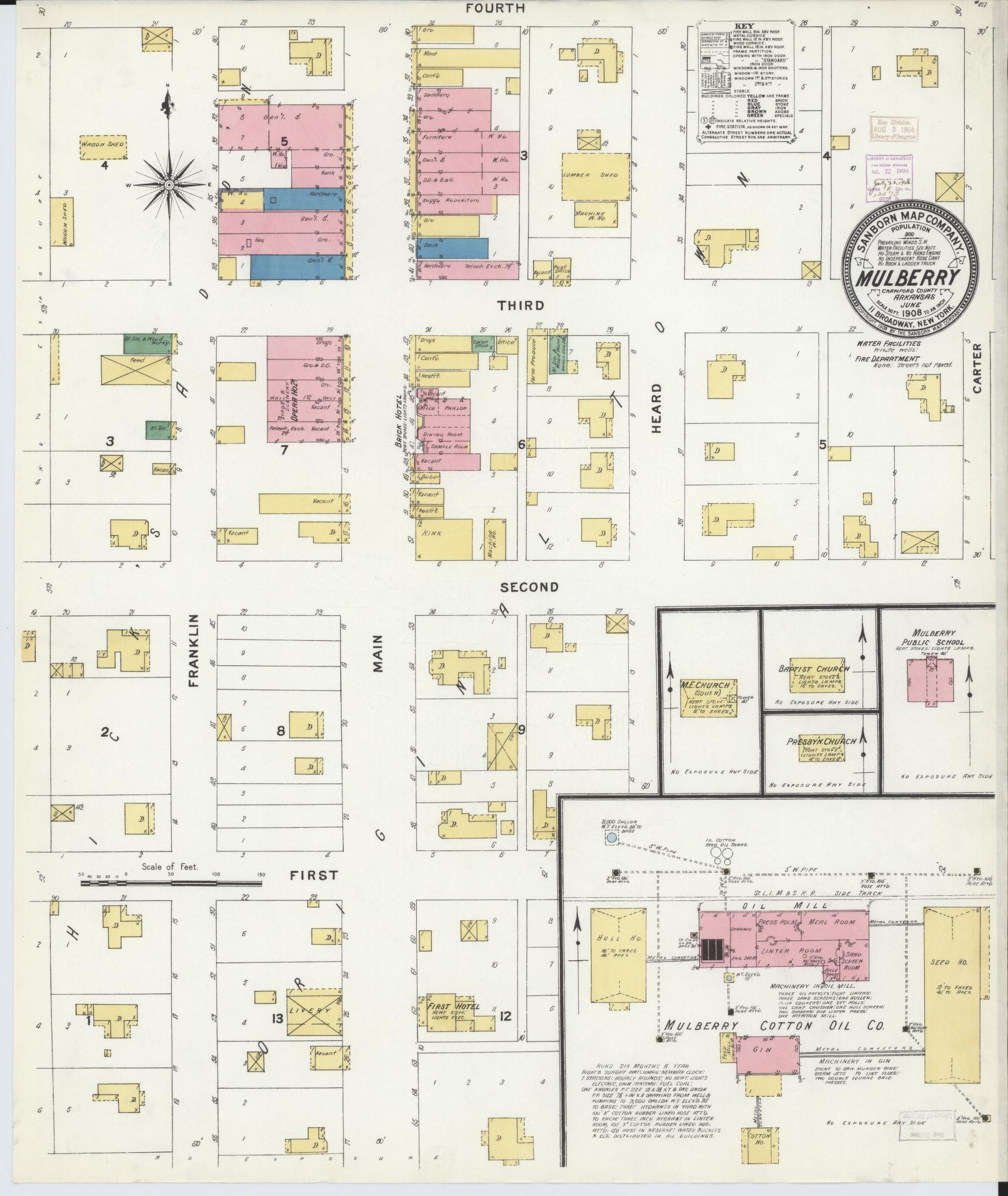 Sanborn Fire Insurance Map from Mulberry, Crawford County, Arkansas (1908), Sheet #0001 - Historic Sanborn Fire Insurance Map Print, vintage old map wall art, antique decor, genealogy gift, Arkansas Arkansas map