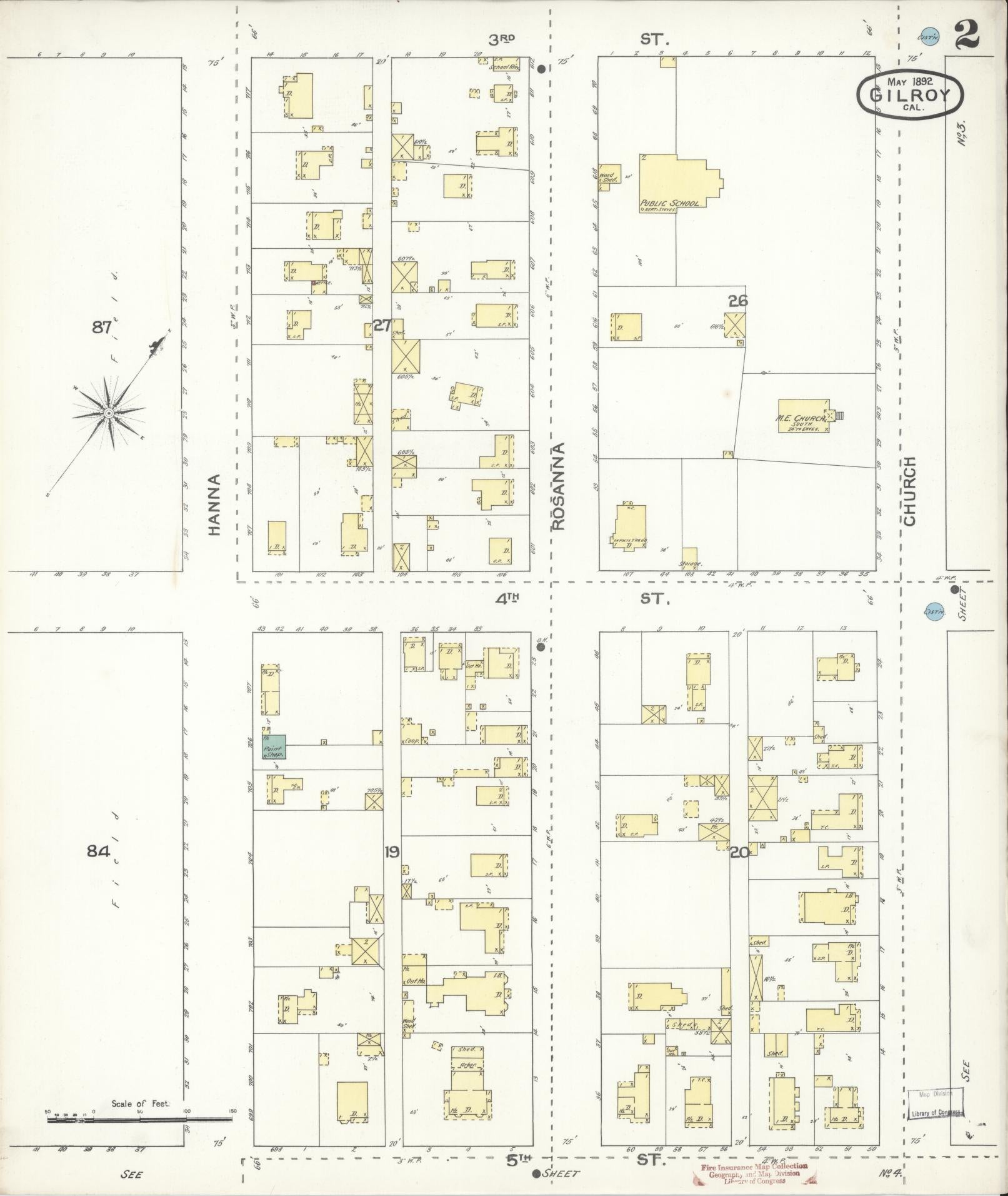 Sanborn Fire Insurance Map from Gilroy, Santa Clara County, California (1892), Sheet #0002 - Historic Sanborn Fire Insurance Map Print, vintage old map wall art, antique decor, genealogy gift, California California map
