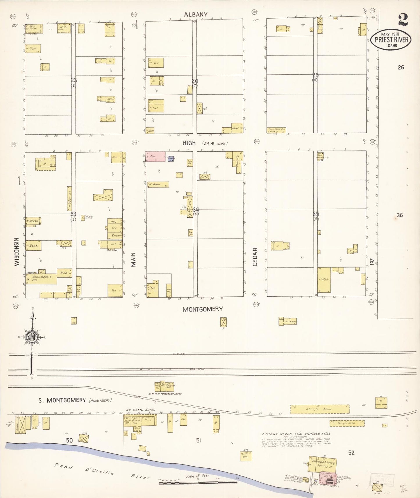 Sanborn Fire Insurance Map from Priest River, Bonner County, Idaho (1910), Sheet #0002 - Historic Sanborn Fire Insurance Map Print, vintage old map wall art, antique decor, genealogy gift, Idaho Idaho map
