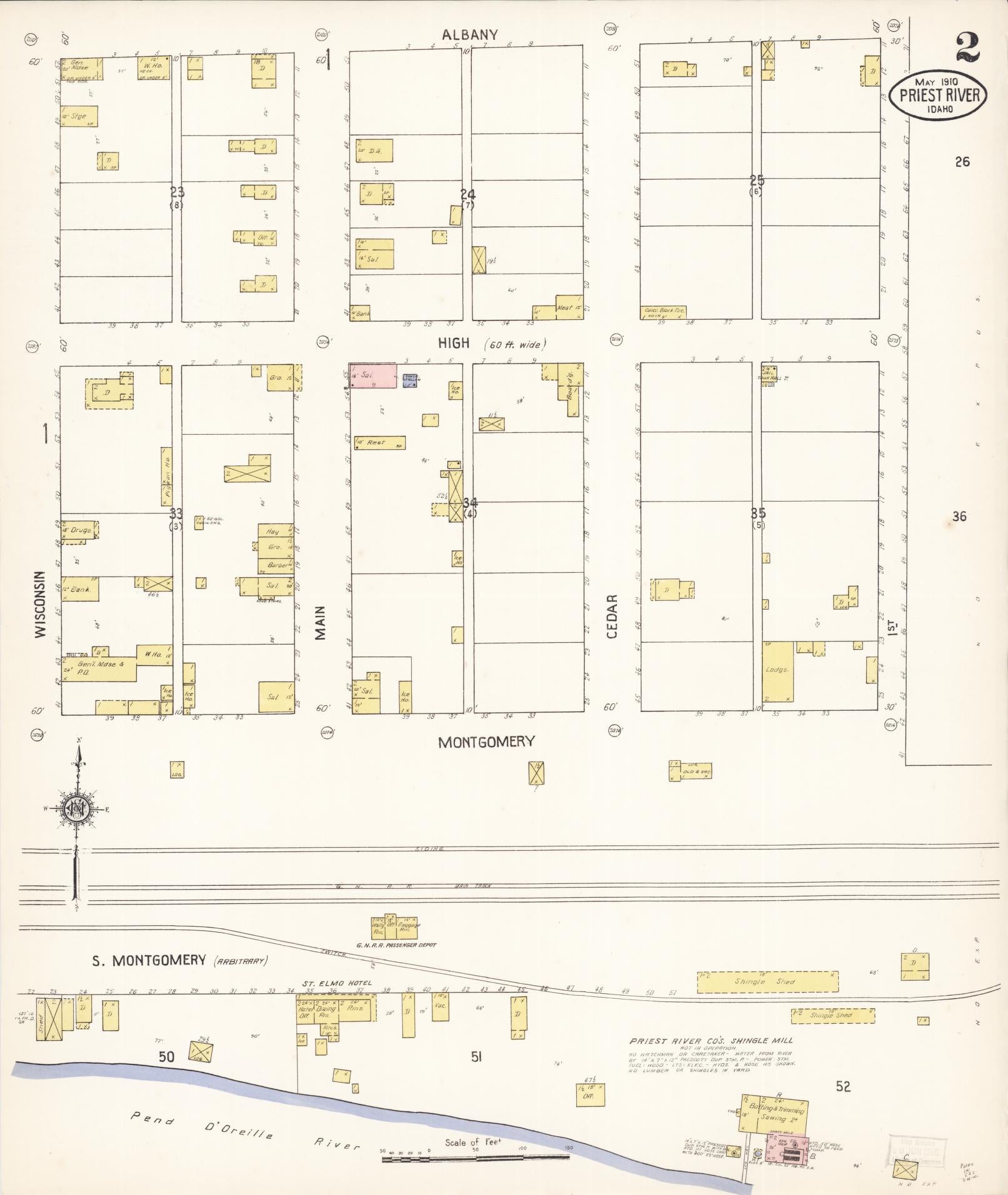 Sanborn Fire Insurance Map from Priest River, Bonner County, Idaho (1910), Sheet #0002 - Historic Sanborn Fire Insurance Map Print, vintage old map wall art, antique decor, genealogy gift, Idaho Idaho map