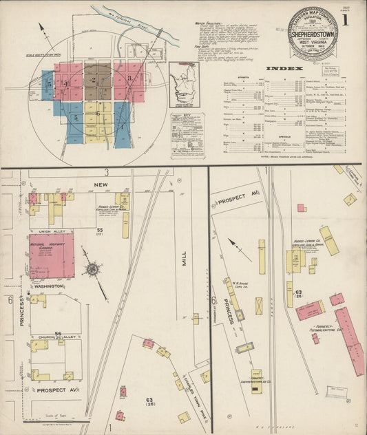 Sanborn Fire Insurance Map from Shepherdstown, Jefferson County, West Virginia (1922), Sheet #0001 - Historic Sanborn Fire Insurance Map Print, vintage old map wall art, antique decor, genealogy gift, West Virginia West Virginia map