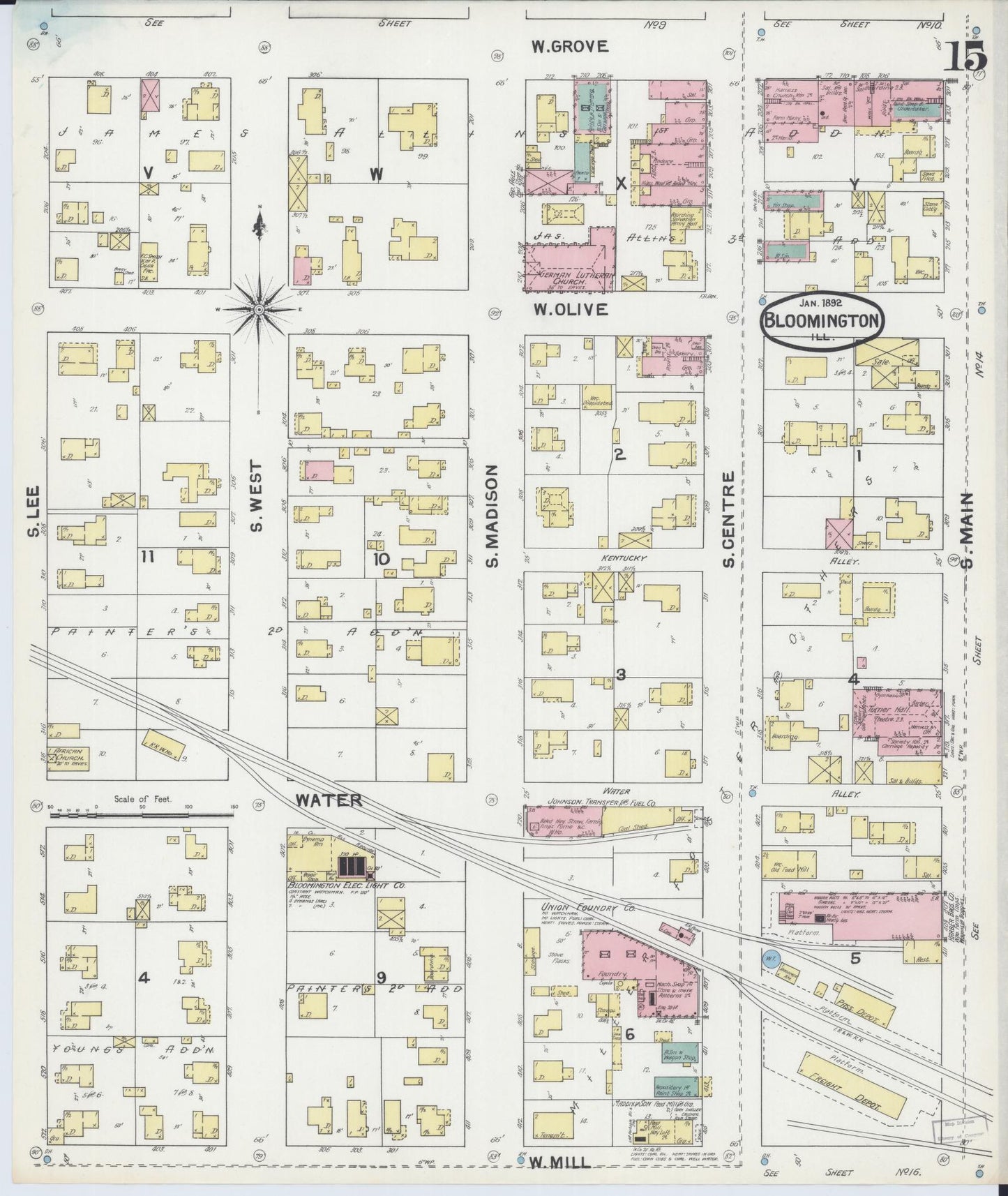 Sanborn Fire Insurance Map from Bloomington, McLean County, Illinois (1892), Sheet #0015 - Complete Map Set gallery image, historic Sanborn map, vintage wall art, Illinois Illinois