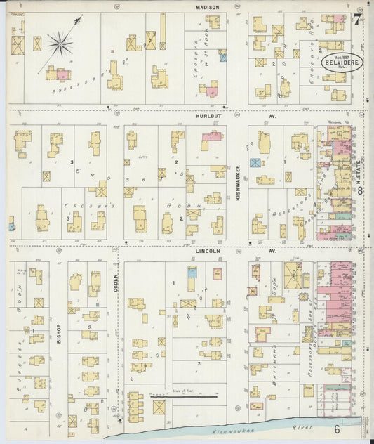 Sanborn Fire Insurance Map from Belvidere, Boone County, Illinois (1897), Sheet #0007 - Historic Sanborn Fire Insurance Map Print, vintage old map wall art, antique decor, genealogy gift, Illinois Illinois map