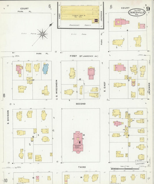 Sanborn Fire Insurance Map from Janesville, Rock County, Wisconsin (1909), Sheet #0009 - Historic Sanborn Fire Insurance Map Print, vintage old map wall art, antique decor, genealogy gift, Wisconsin Wisconsin map