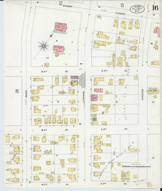 Sanborn Fire Insurance Map from Flint, Genesee County, Michigan (1902), Sheet #0016 - Historic Sanborn Fire Insurance Map Print, vintage old map wall art, antique decor, genealogy gift, Michigan Michigan map
