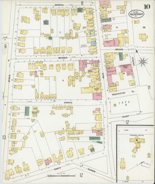 Sanborn Fire Insurance Map from Hackensack, Bergen County, New Jersey (1902), Sheet #0010 - Historic Sanborn Fire Insurance Map Print, vintage old map wall art, antique decor, genealogy gift, New Jersey New Jersey map