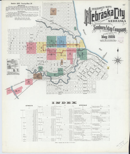 Sanborn Fire Insurance Map from Nebraska City, Otoe County, Nebraska (1906), Sheet #0001 - Historic Sanborn Fire Insurance Map Print, vintage old map wall art, antique decor, genealogy gift, Nebraska Nebraska map