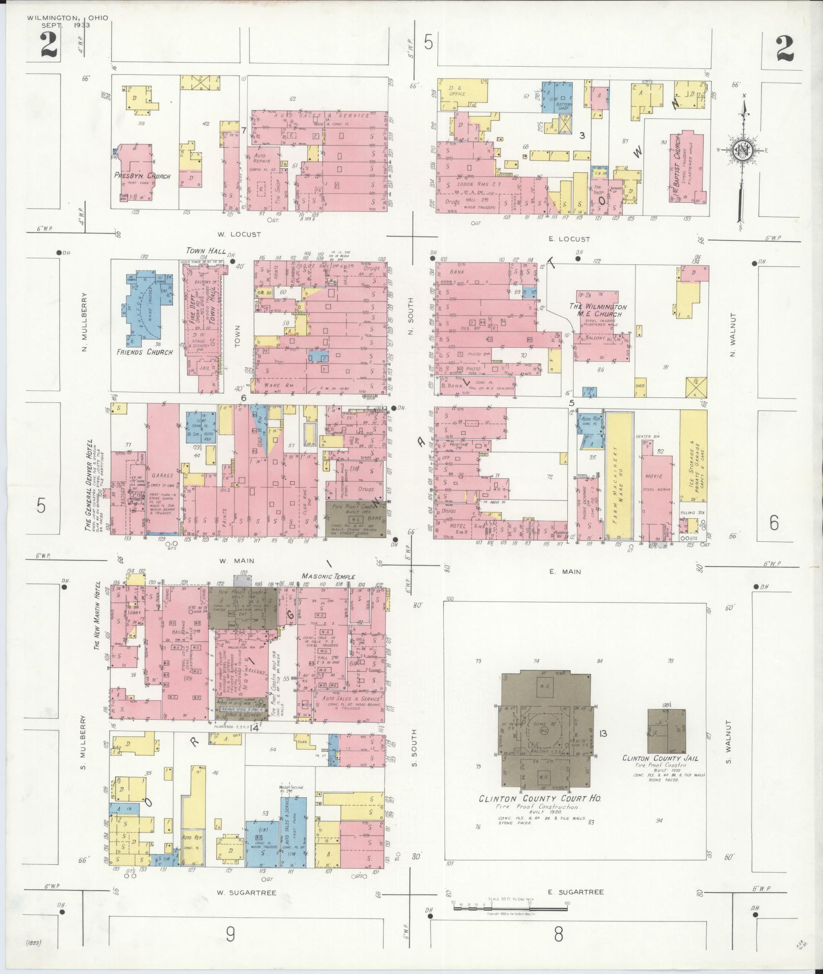 Sanborn Fire Insurance Map from Wilmington, Clinton County, Ohio (1933), Sheet #0002 - Complete Map Set gallery image, historic Sanborn map, vintage wall art, Ohio Ohio