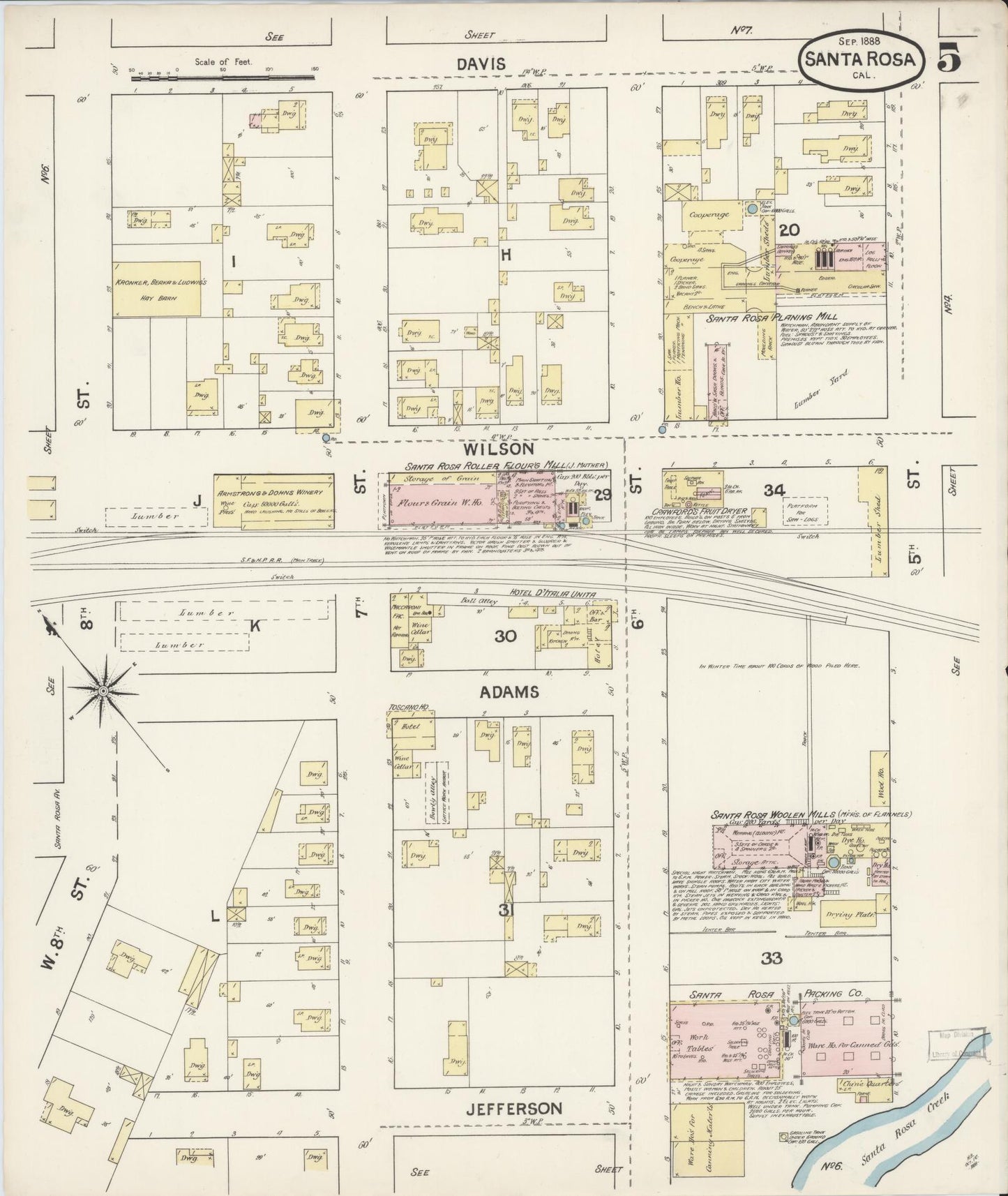 Sanborn Fire Insurance Map from Santa Rosa, Sonoma County, California (1888), Sheet #0005 - Complete Map Set gallery image, historic Sanborn map, vintage wall art, California California