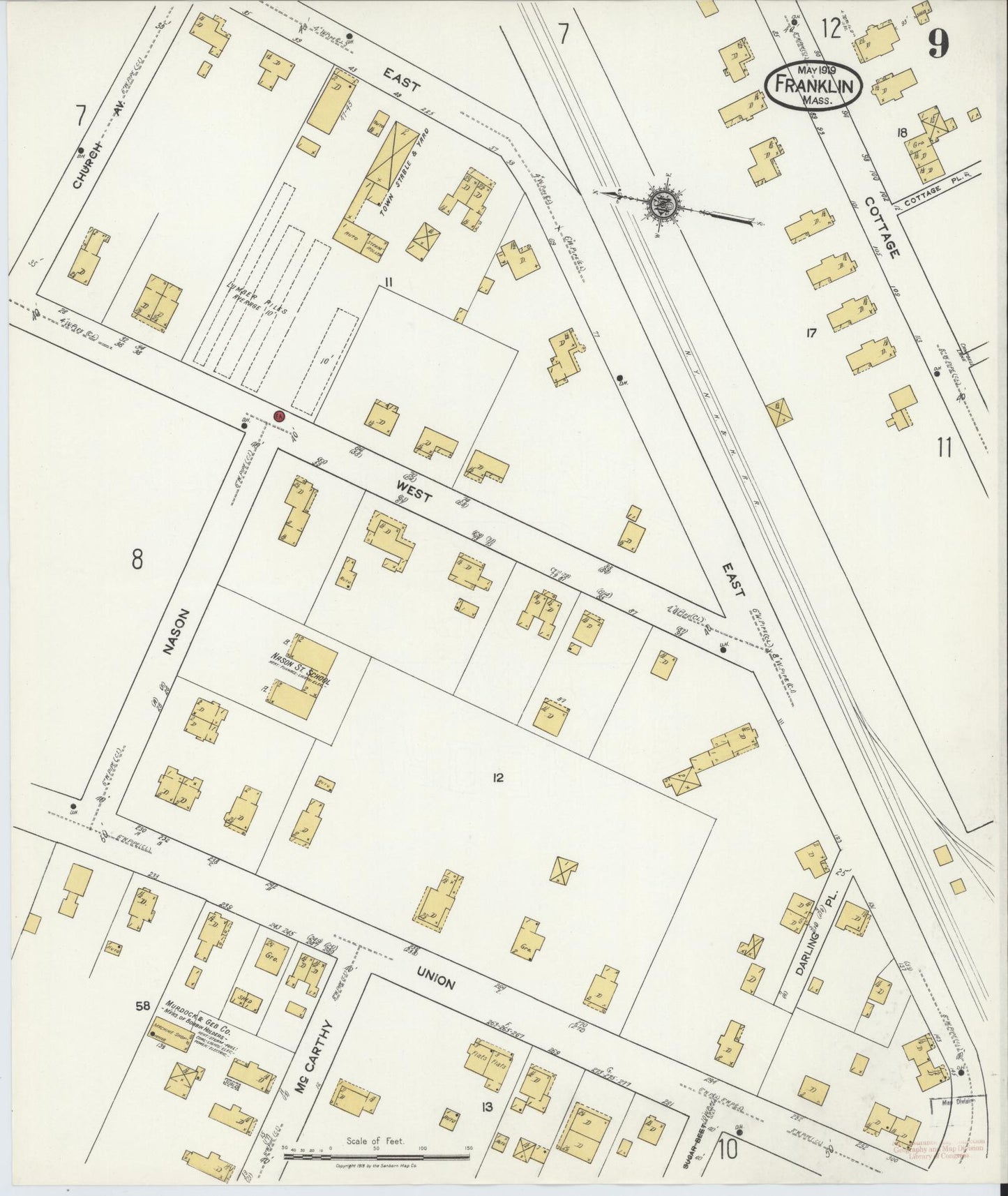 Sanborn Fire Insurance Map from Franklin, Norfolk County, Massachusetts (1919), Sheet #0009 - Complete Map Set gallery image, historic Sanborn map, vintage wall art, Massachusetts Massachusetts