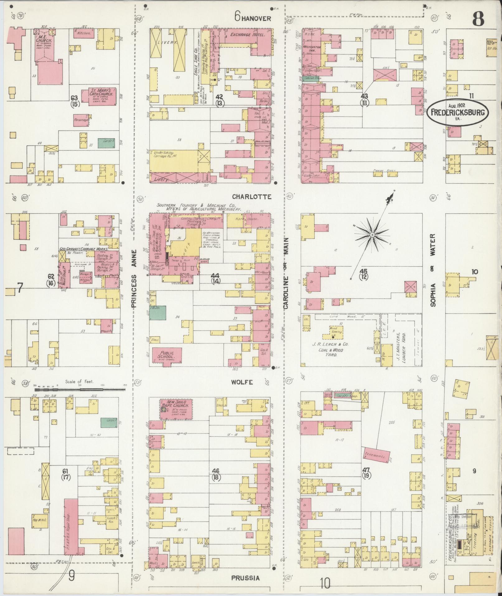 Sanborn Fire Insurance Map from Fredericksburg, Independent Cities, Virginia (1902), Sheet #0008 - Historic Sanborn Fire Insurance Map Print, vintage old map wall art, antique decor, genealogy gift, Virginia Virginia map
