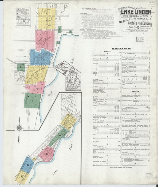 Sanborn Fire Insurance Map from Lake Linden, Houghton County, Michigan (1917), Sheet #0001 - Historic Sanborn Fire Insurance Map Print, vintage old map wall art, antique decor, genealogy gift, Michigan Michigan map