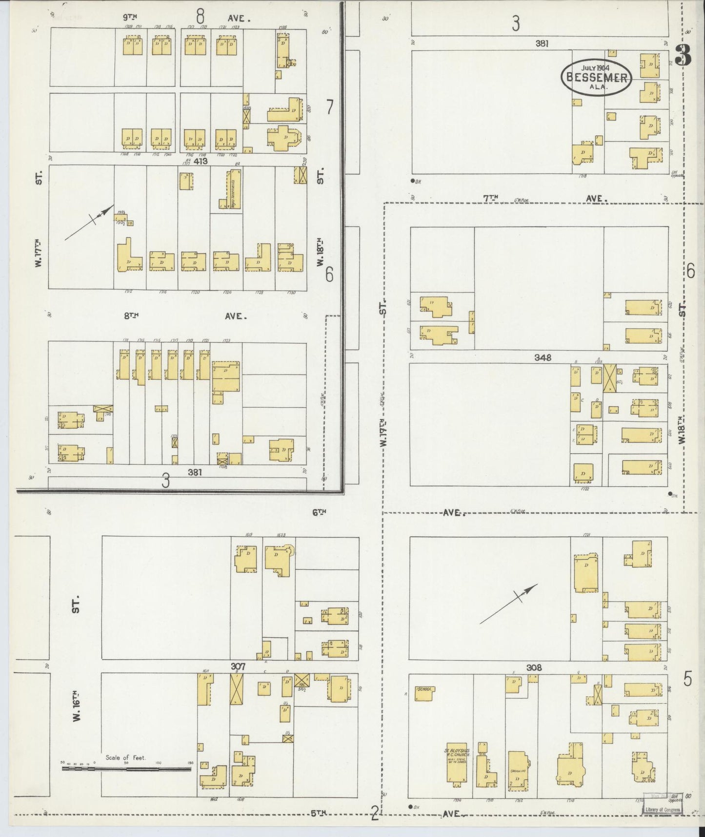 Sanborn Fire Insurance Map from Bessemer, Jefferson County, Alabama (1904), Sheet #0003 - Complete Map Set gallery image, historic Sanborn map, vintage wall art, Alabama Alabama